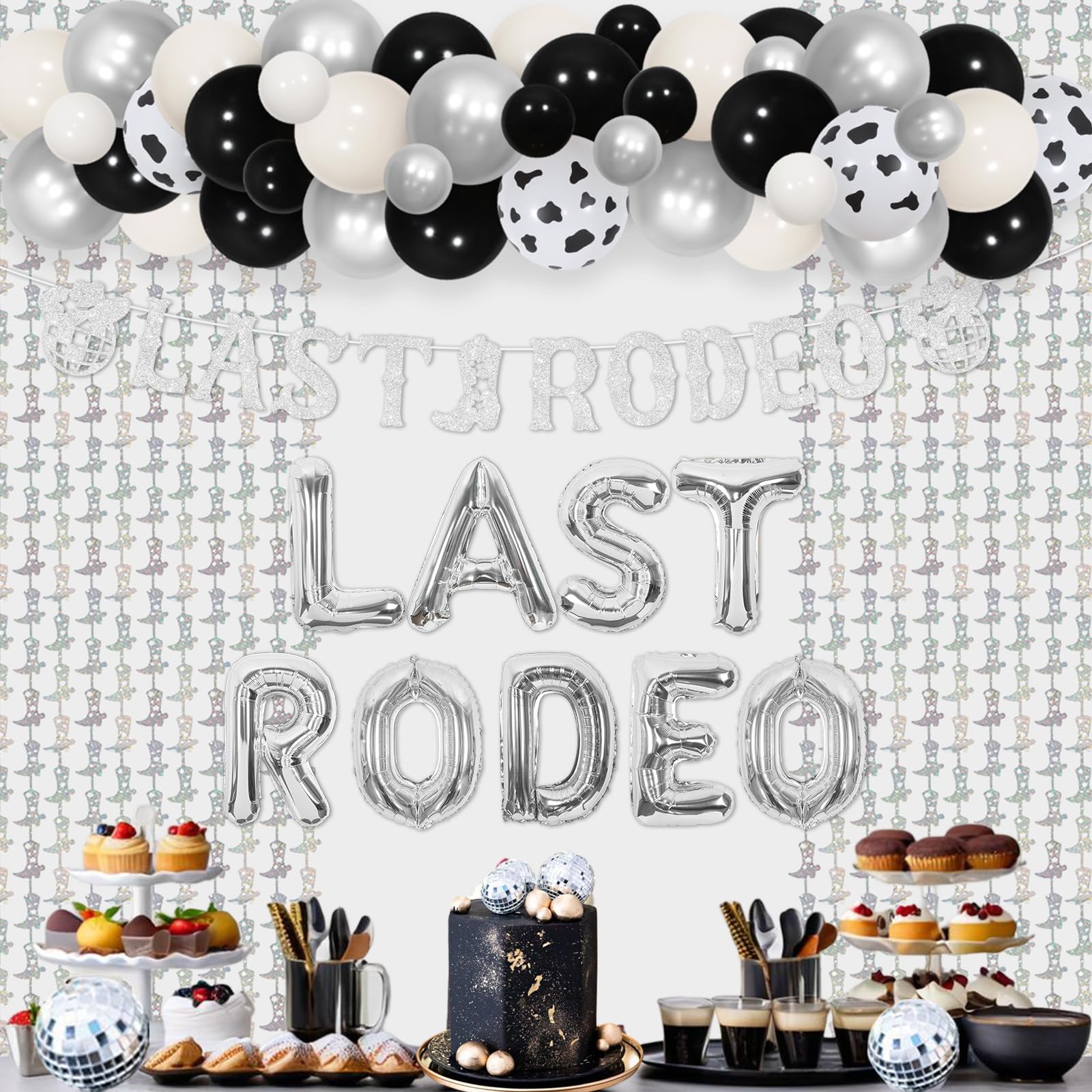 Decoración de despedida de soltera de vaquera plateada con el último rodeo, globo láser de la novia, banda de vaquera occidental, flecos para último rodeo, decoración de despedida de soltera