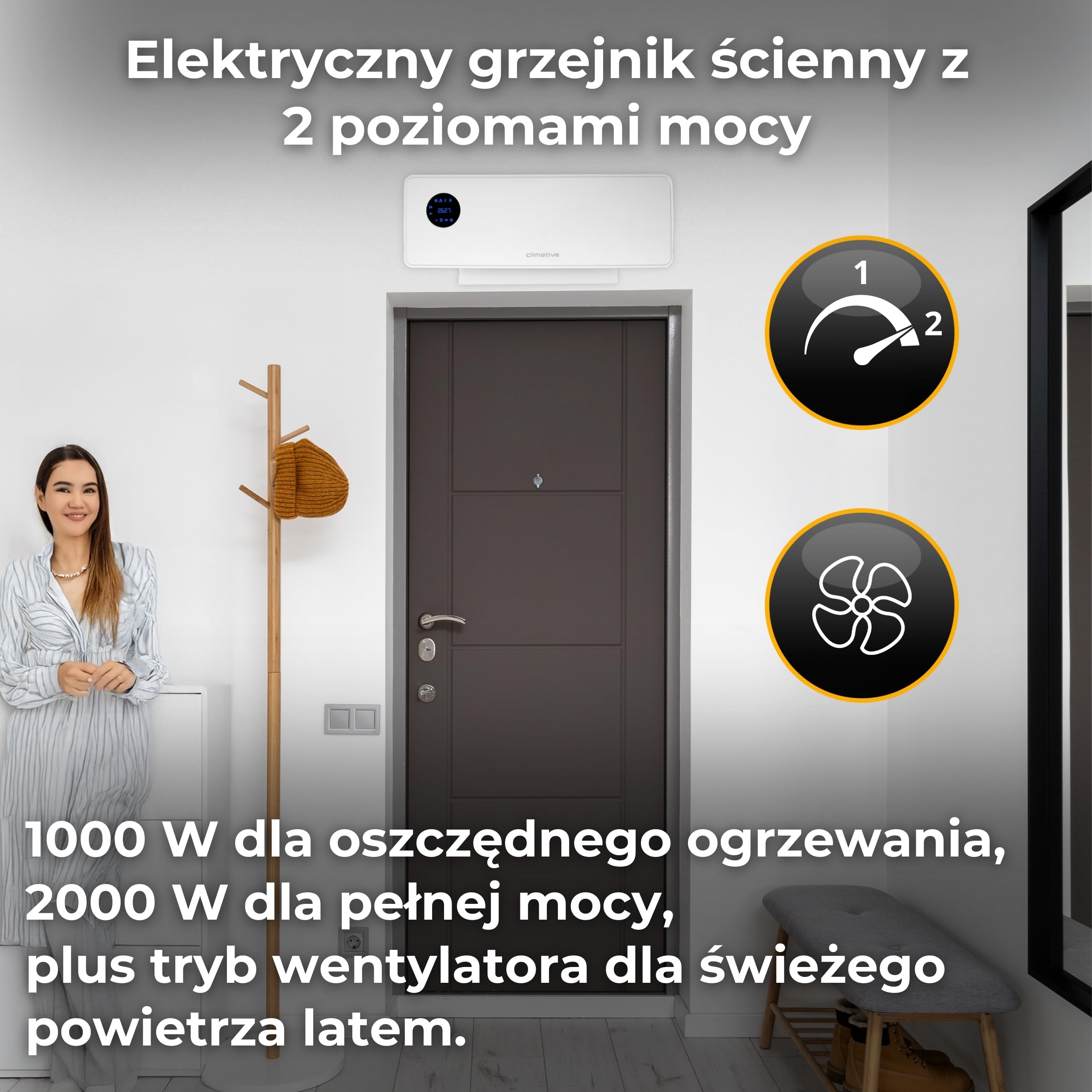 SwingAir 2000W biały wentylator ścienny – elektryczna ceram. nagrzewnica z oscylacją, LED, timer 24h, grzejnik łazienkowy, ścienna ogrzewnica