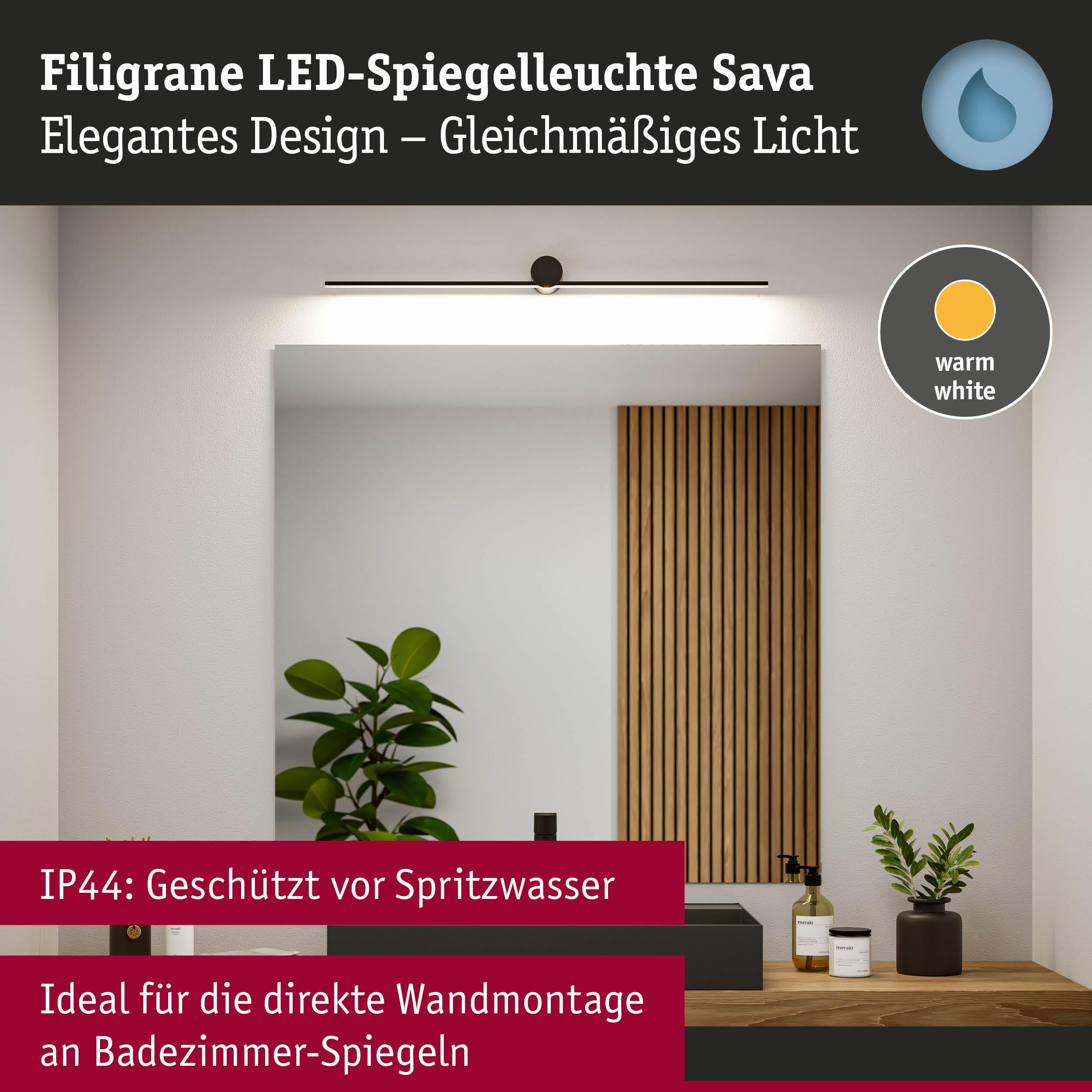 Paulmann 75412 LED Leuchtspiegel Sava IP44 3000K 500lm 230V 7,5W Schwarz matt