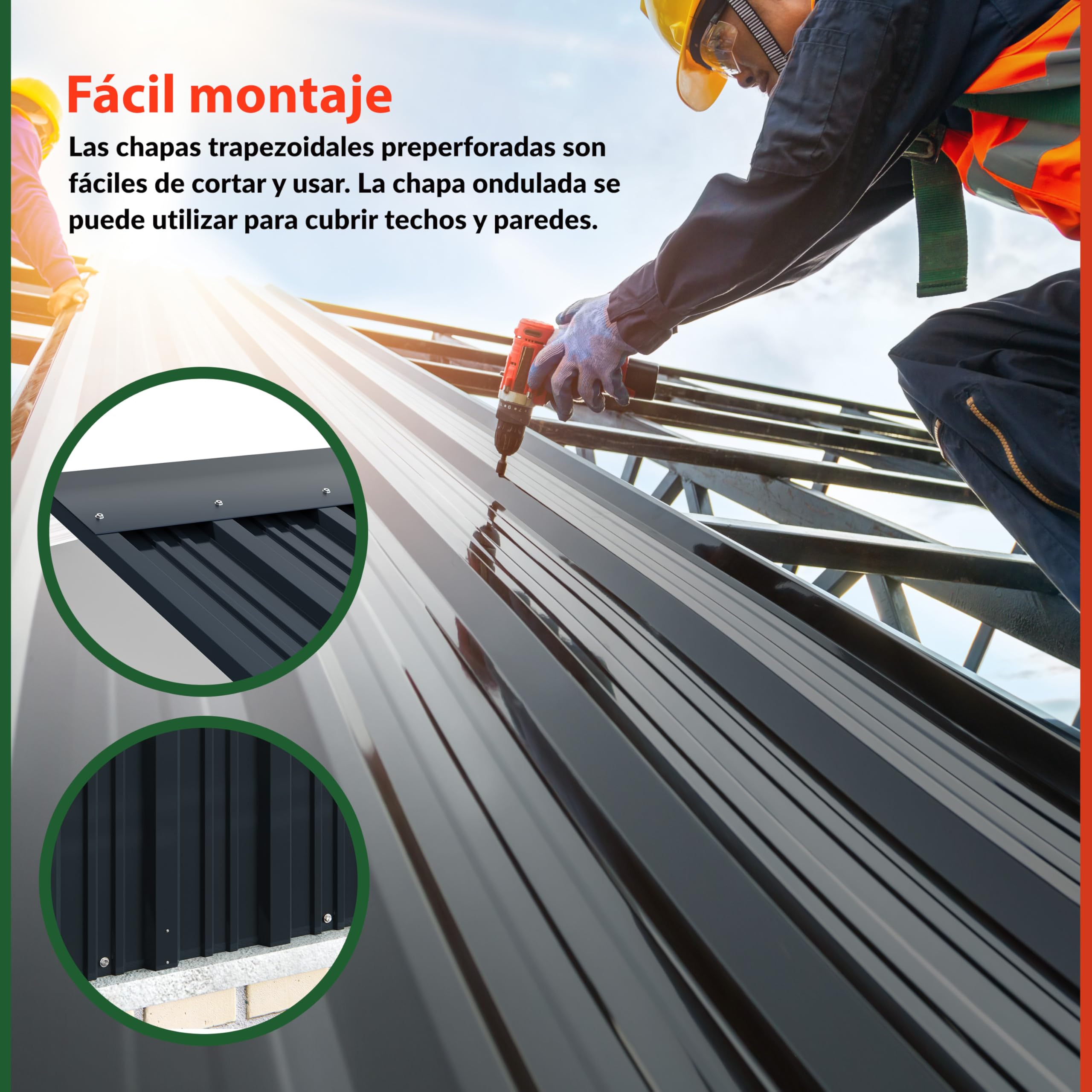 DEUBA® 12x Paneles para Tejado, Chapa Ondulada, Perfiladas Techo 7m², Placa Sandwich Perforada Galvanizadas, Cobertizo Garaje, Revestimiento Pared Caseta Exterior, 129x46cm, Construcción
