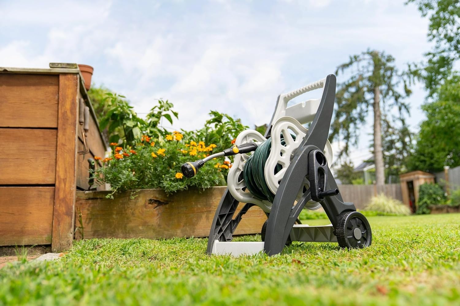 Hose Reel Cart 175 Ft Capacity, Mobile Garden Hose Holder with Wheels and Storage Compartment