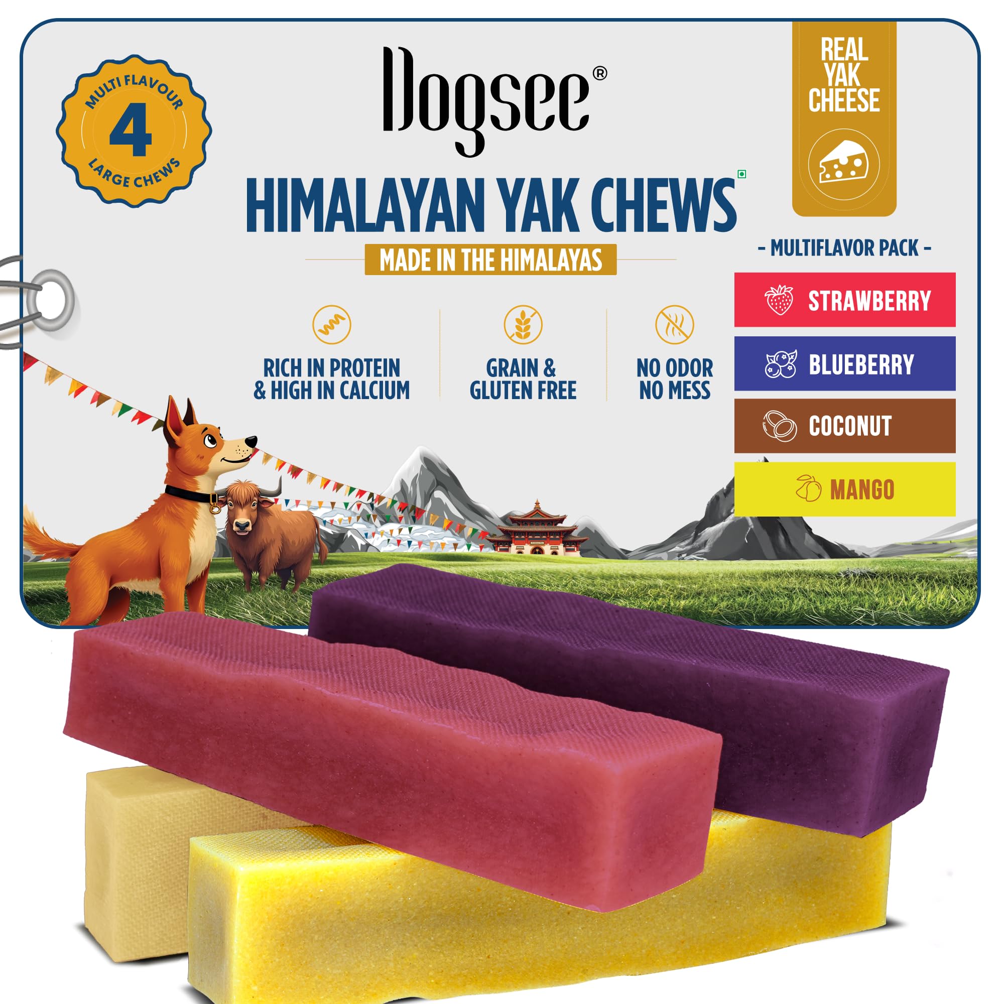 Dogsee Multiflavor Yak Chews (Strawberry, Blueberry, Coconut & Mango) - 1 lb Large 4 Chews | Long‑Lasting Fruit Flavored Dog Chews | Cleans Teeth, Freshens Breath | Fights Plaque & Tartar
