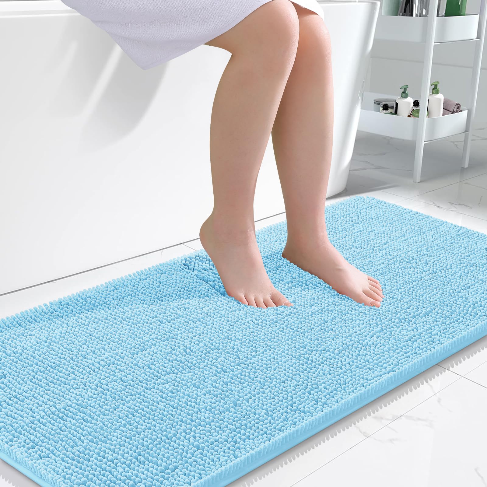 OLANLY Bathroom Runner Rugs 47x24, Extra Soft Absorbent Chenille Bath Rugs | Sky Blue, Quick-Drying Rubber Backing, Washable Long Bath Mat for Bathroom Floor, Tub and Shower, Home Decor Accessories