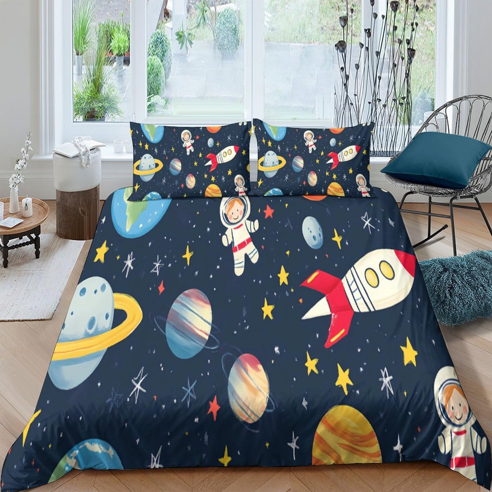 Ctjqhvkz Style-10 3D Printed Space Astronaut Fitted Sheet Microfiber Soft Breathable Planet Rocket Bed Cover For Bedroom Dorm Decor Single（135X200cm）