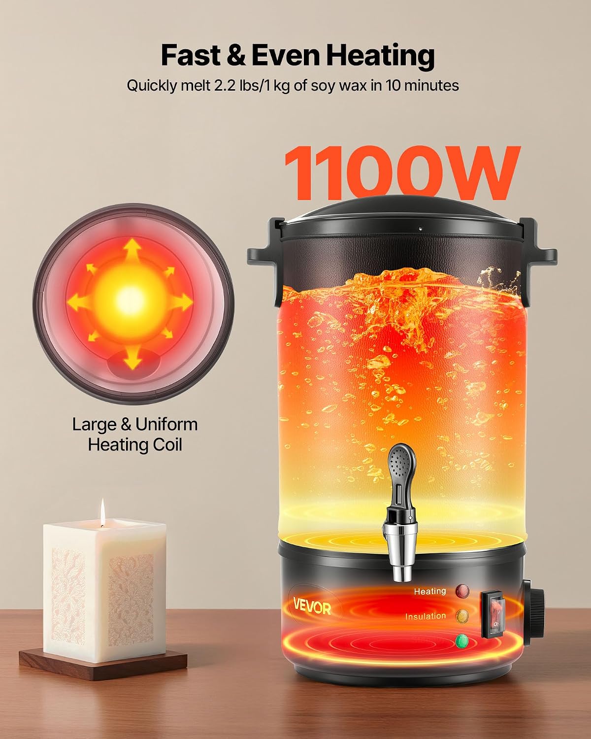VEVOR 16 Lbs Wax Melter for Candle Making, Fast and Even Heating, with Easy Pour Spout and Temperature Control, Grooved Base for Non-Stick and Smooth Flow, Wax Melting Pot for Making Candles Soaps
