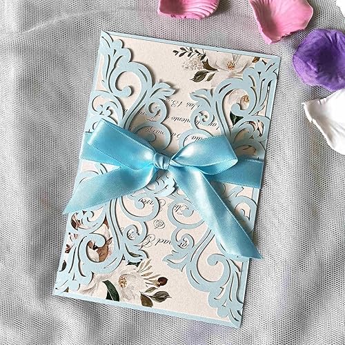 Miniatura 10 de 25 tarjetas de invitaciones de boda cortadas con láser con sobres, hojas interiores en blanco, cintas para bodas, despedidas de soltera,