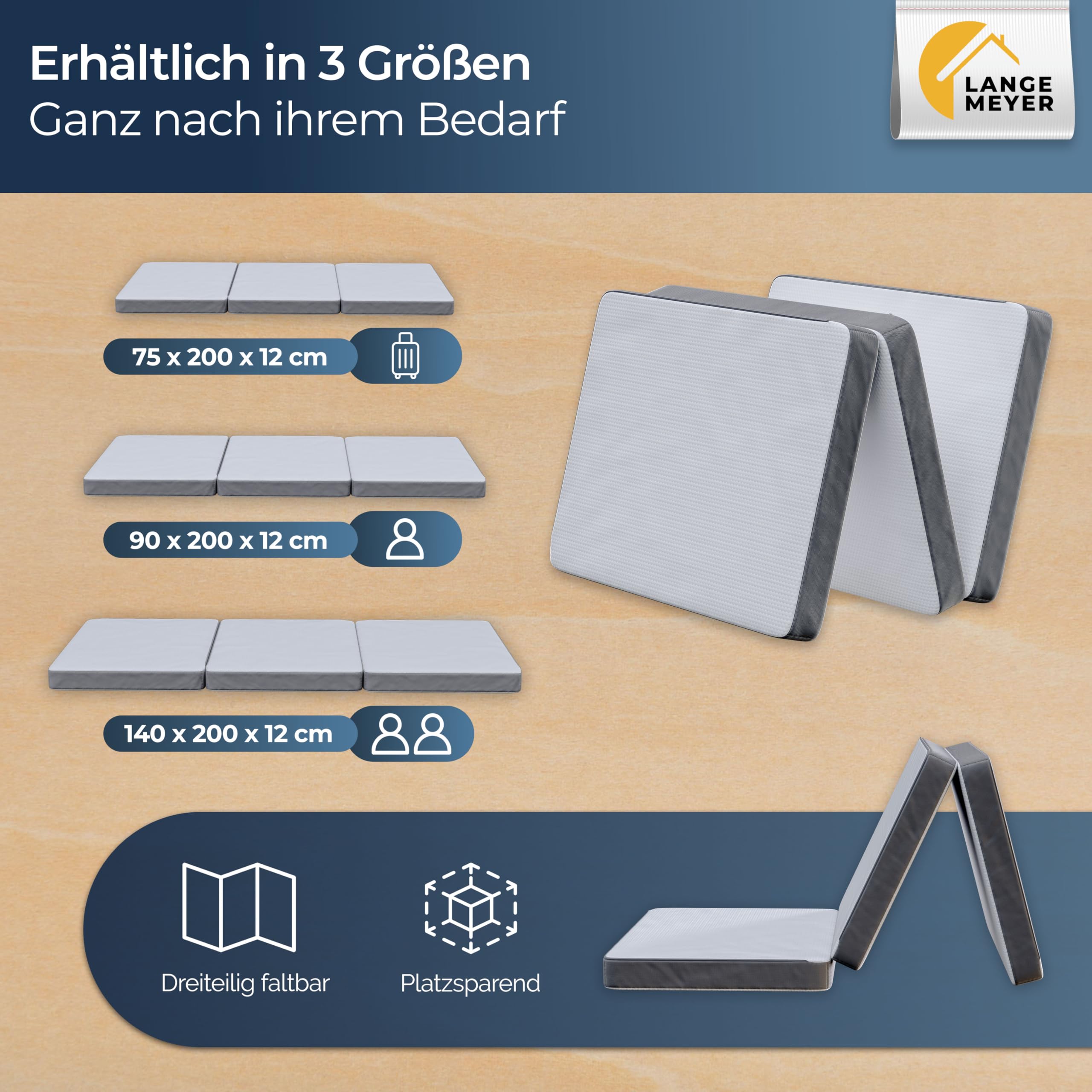 TwinComfort Klappmatratze 2 Härtegrade, 3-teilig faltbar mit Tragetasche, Gästebett & Faltmatratze für Erwachsene, Folding Mattress 90x200x12 cm