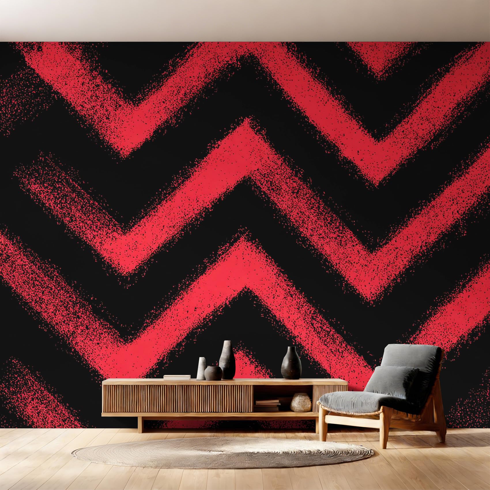 Papier peint panoramique rayures rouge et noire pour agrandir la pièce
