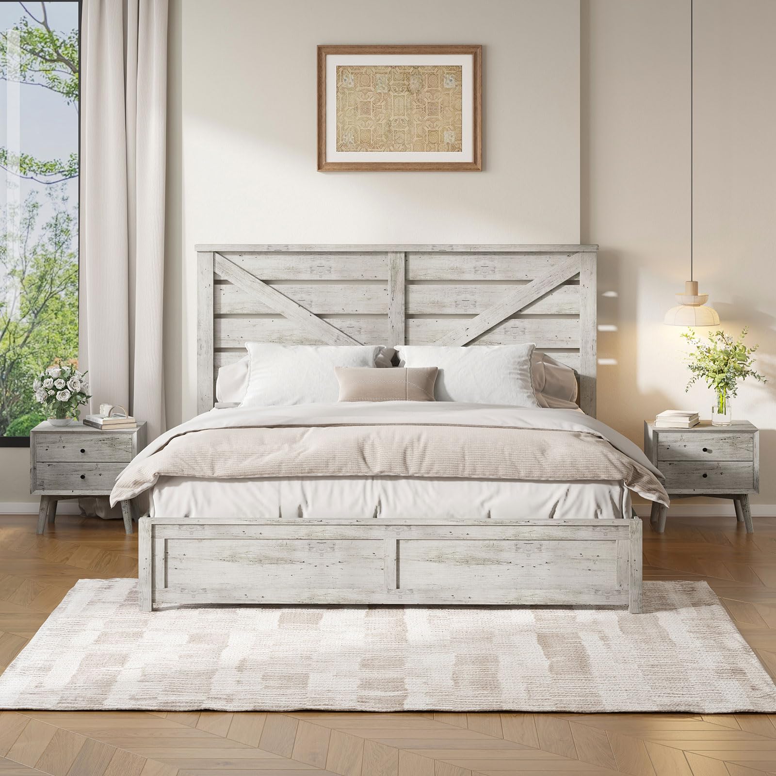 LUXOAK King Size Farmhouse Wooden Bed Frame, Platform Bed Frame with 49.2" Headboard/Noisy Free/No Box Spring Needed/Easy Assembly/Distressed White