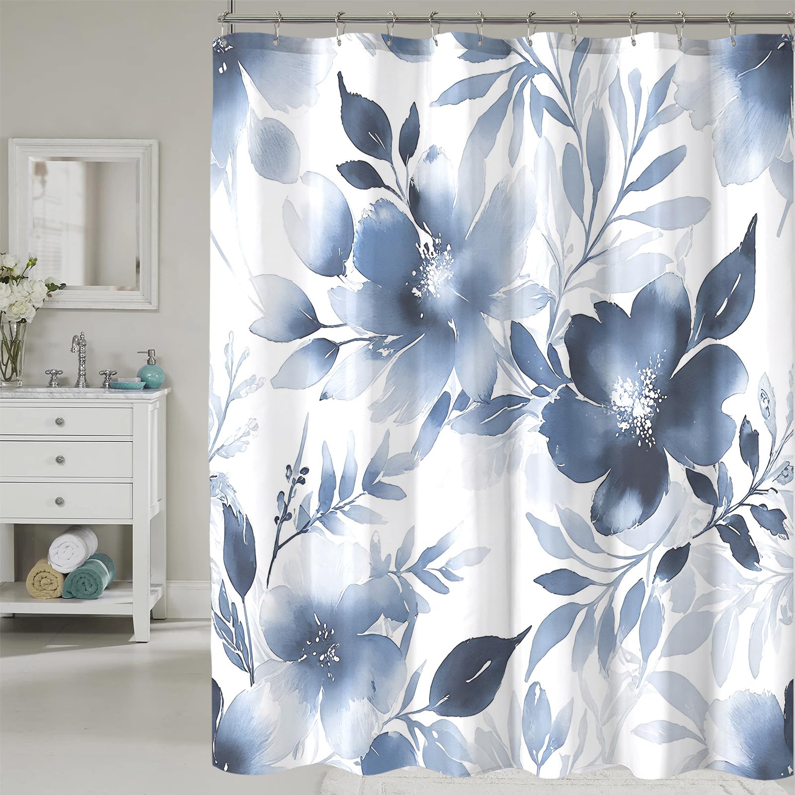 COSEVIER Floral Shower Curtain, Blue Watercolor Flower Shower Curtains for Bathroom, Modern Minimalist Waterproof Fabric Bath Curtain 72x72 Inch