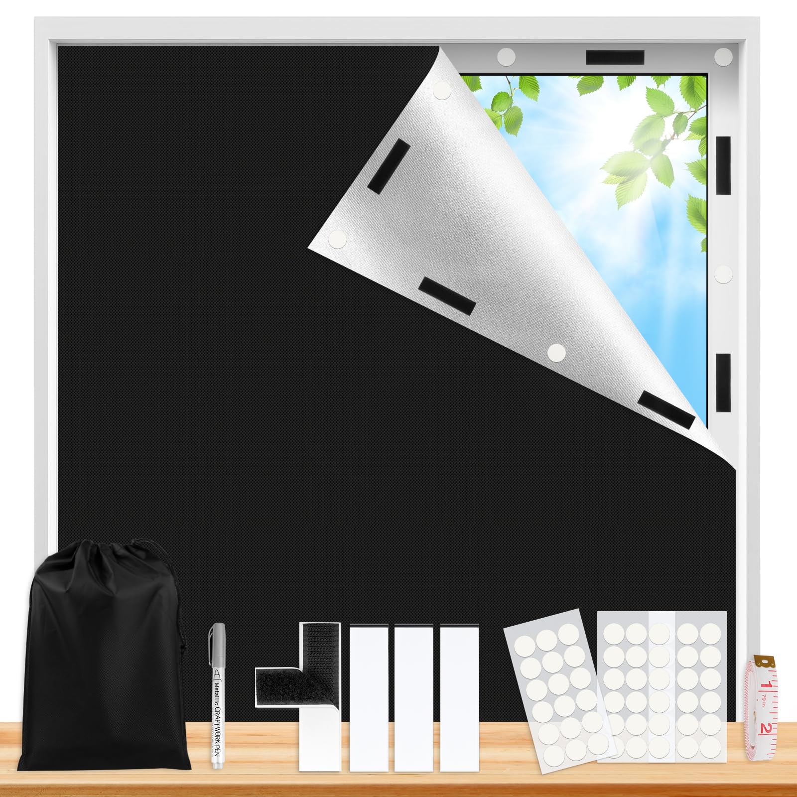 Blackout Blinds Stick On, 200x148cm Portable Blackout Blind Cut to Any Size & Shape, No Drill Blinds for Windows, Temporary Blackout Blind for Bedroom, Loft, RV Travel, Black