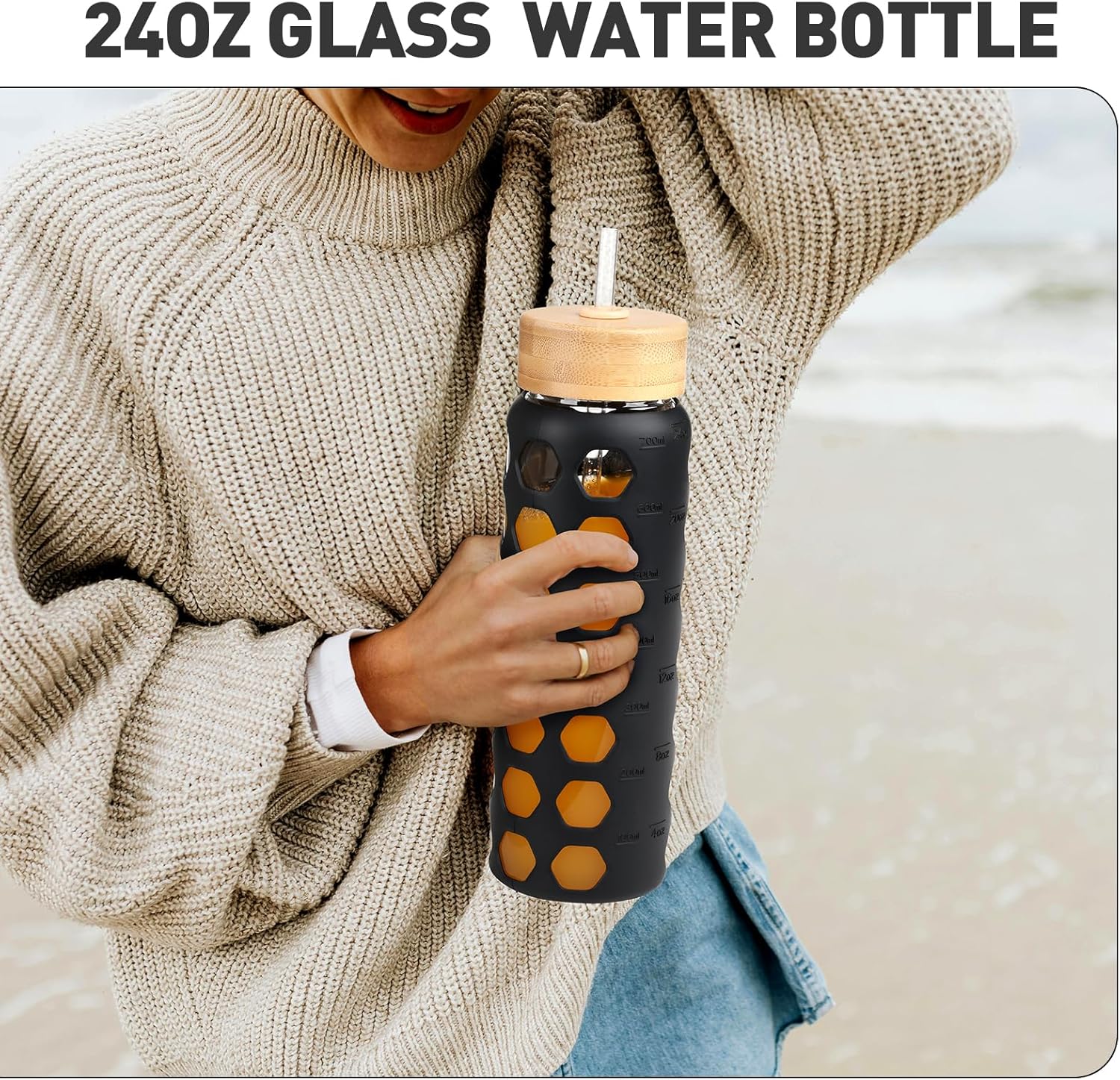 MUKOKO Glass Water Bottles, 24oz Glass Tumbler with Straw, Drinking Bottles with 2 Lids-Handle Spout Lid&Bamboo Straw Lid, Motivational Water Bottle with Time Marker and Silicone Sleeve, 1 Pack-Black - Image 6