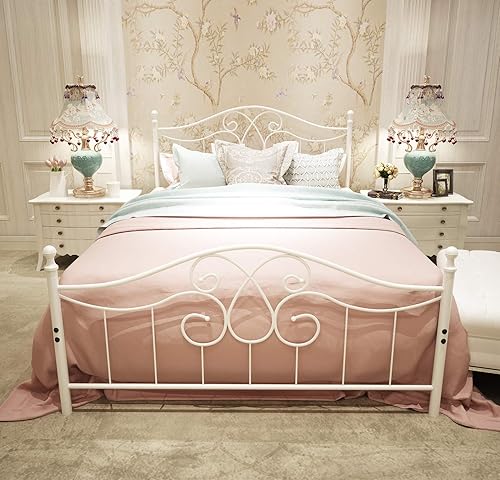 Miniatura 21 de TUSEER Base de cama de metal tamaño Queen con cabecero vintage y base de plataforma de estribo, marco de cama de hierro forjado (Queen, marrón