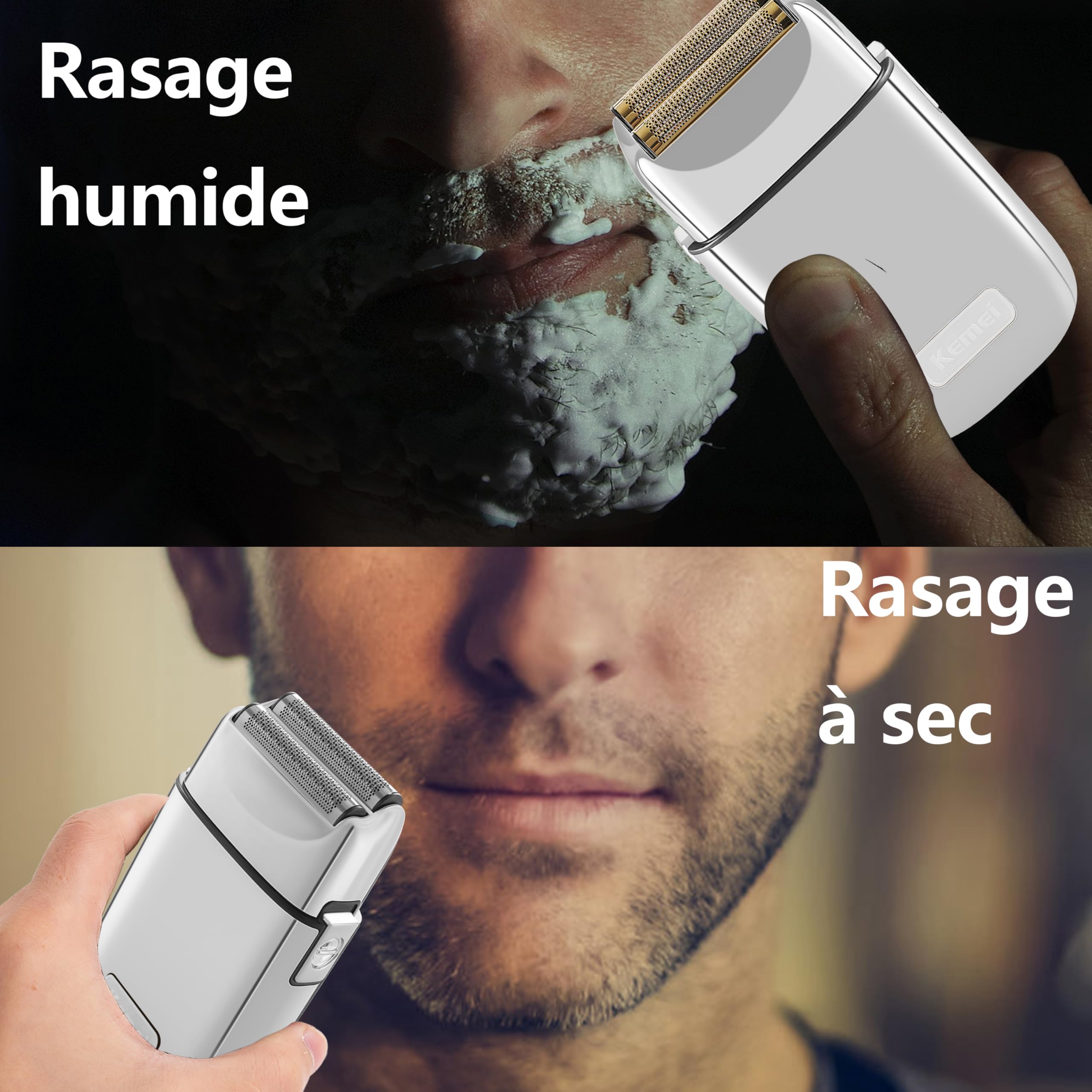 KEMEI TX1S Rasoir électrique sans fil en métal double feuille pour homme | Rechargeable de type C pour le rasage humide et sec
