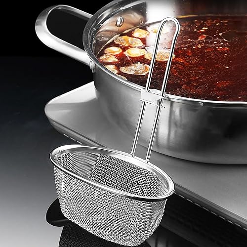Miniatura 7 de Hemoton Cuchara coladora de olla caliente de acero inoxidable de 9.64 x 5.51 pulgadas, cuchara ranurada de malla fina con mango para colgar para