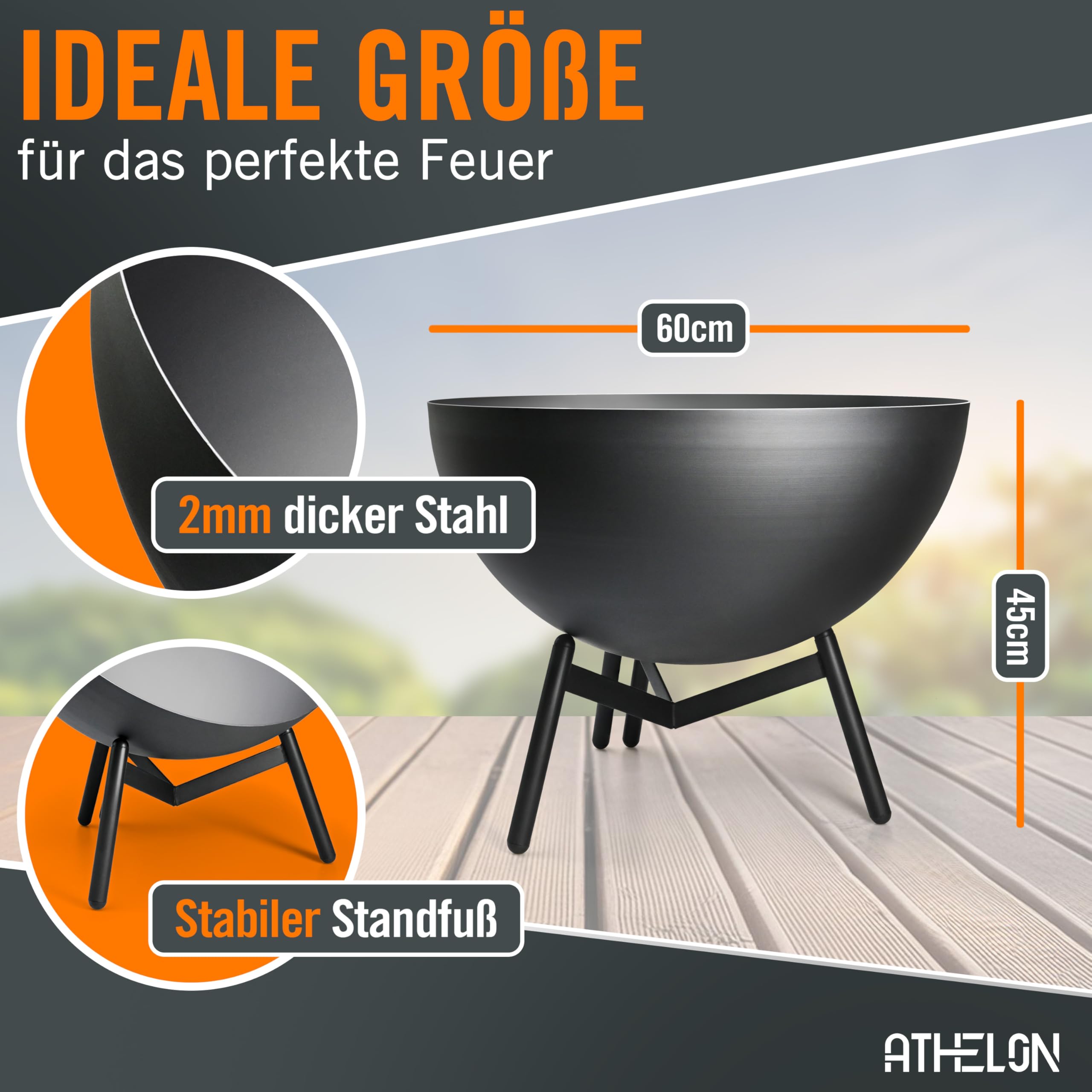 ATHELON® Feuerschale [Ø 60 cm] - wetterfeste Feuerstelle Outdoor aus Stahl für Garten, Terrasse und Balkon [mit Kipp-Mechanismus] - inkl. Zubehör & Abdeckung, schwarz