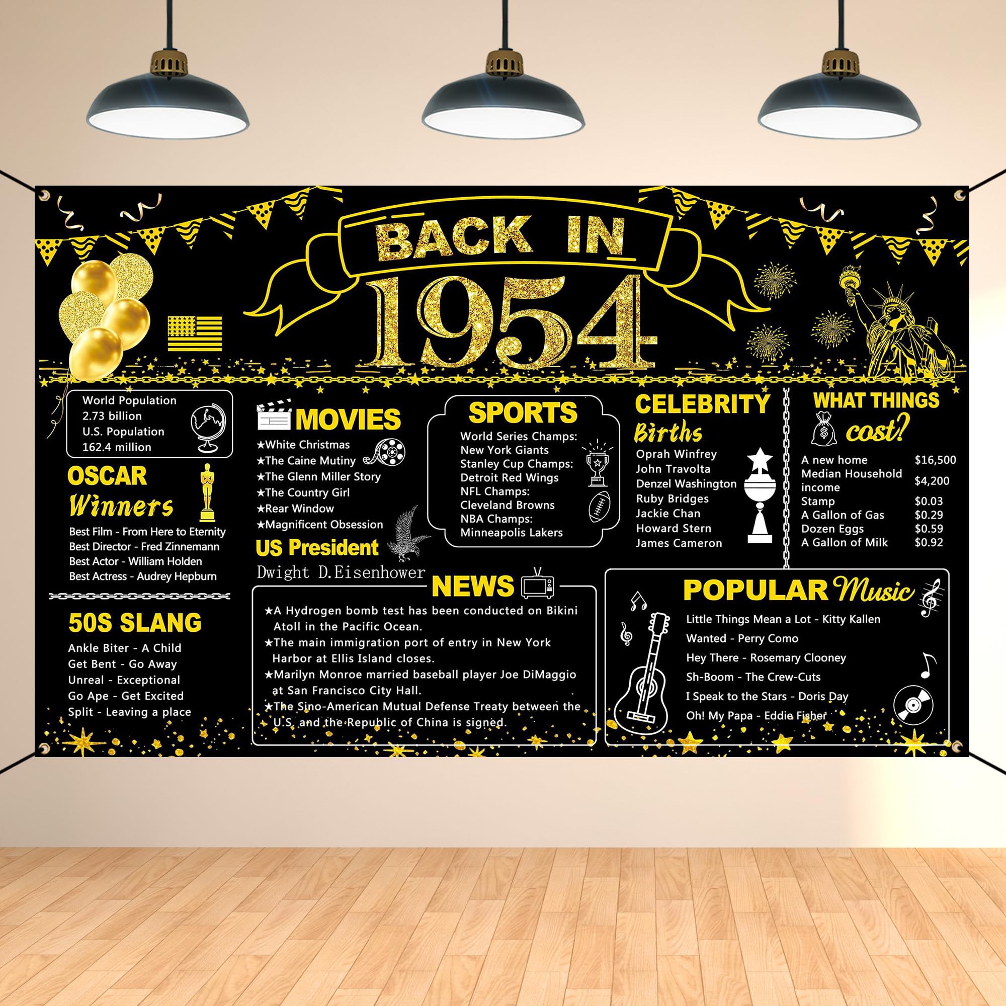 DARUNAXY 70th Birthday Black Gold Party Decoration, Back in 1954 Banner 70 Year Old Birthday Party Poster Supplies Vintage 1954 Backdrop Photography Background for Men & Women 70th Class Reunion Decor