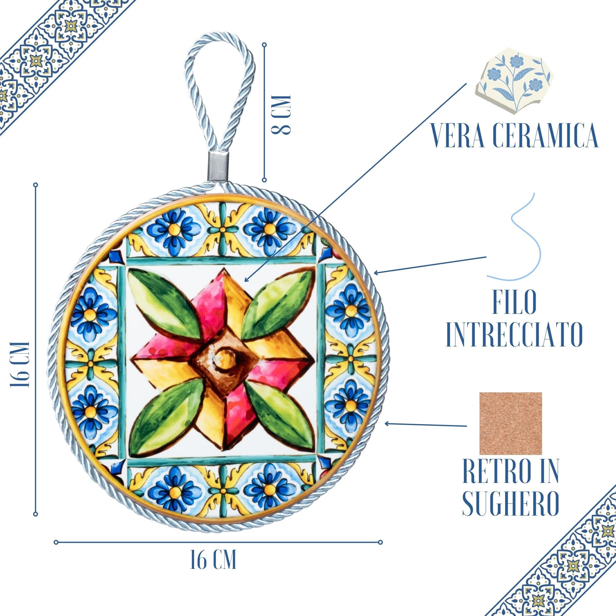 Moorg Piatto Ceramica Decorato da Appendere Set da 2, 16x16 cm, Piastrelle Siciliane Maiolica, Sughero
