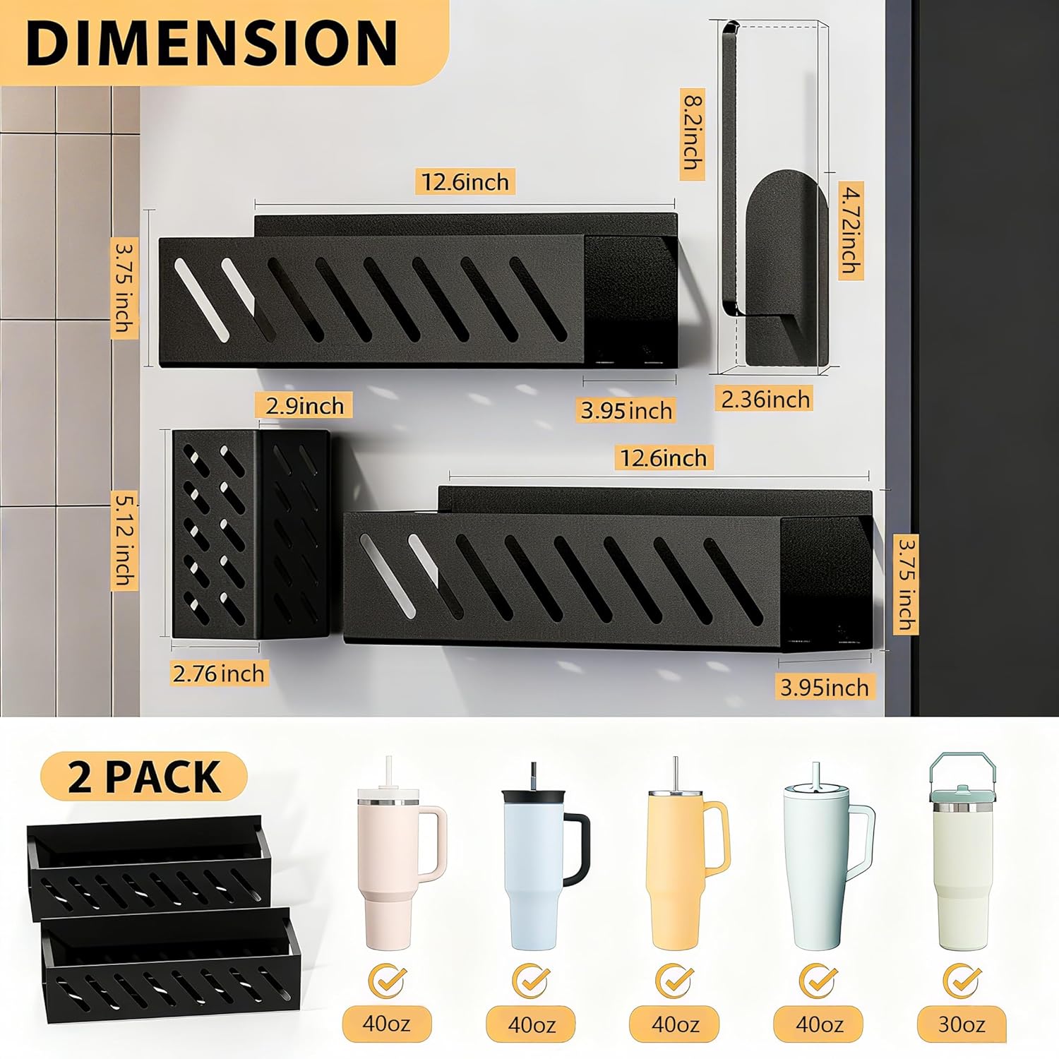 Magnetic Stanley Cup Organizer (2-Count) - Secure Fridge Mount for Full-Size 30/40 oz Tumblers with Lid & Straw Storage (6 Tumblers) - Image 3