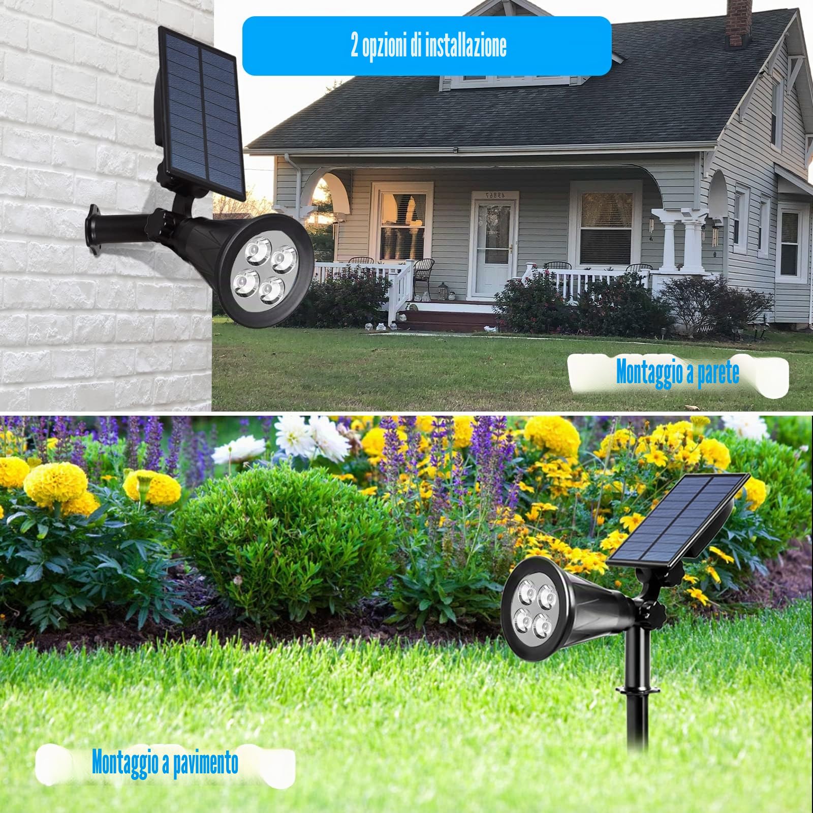 T-SUN (2 Pack) Faretto Solare, Luci Solari Per Esterni Impermeabili, Luce da Giardino 2 Modalità di Illuminazione Opzionali Angolo Regolabile di 180 ° Luce Solare Per Vialetto Percorso (6000K)
