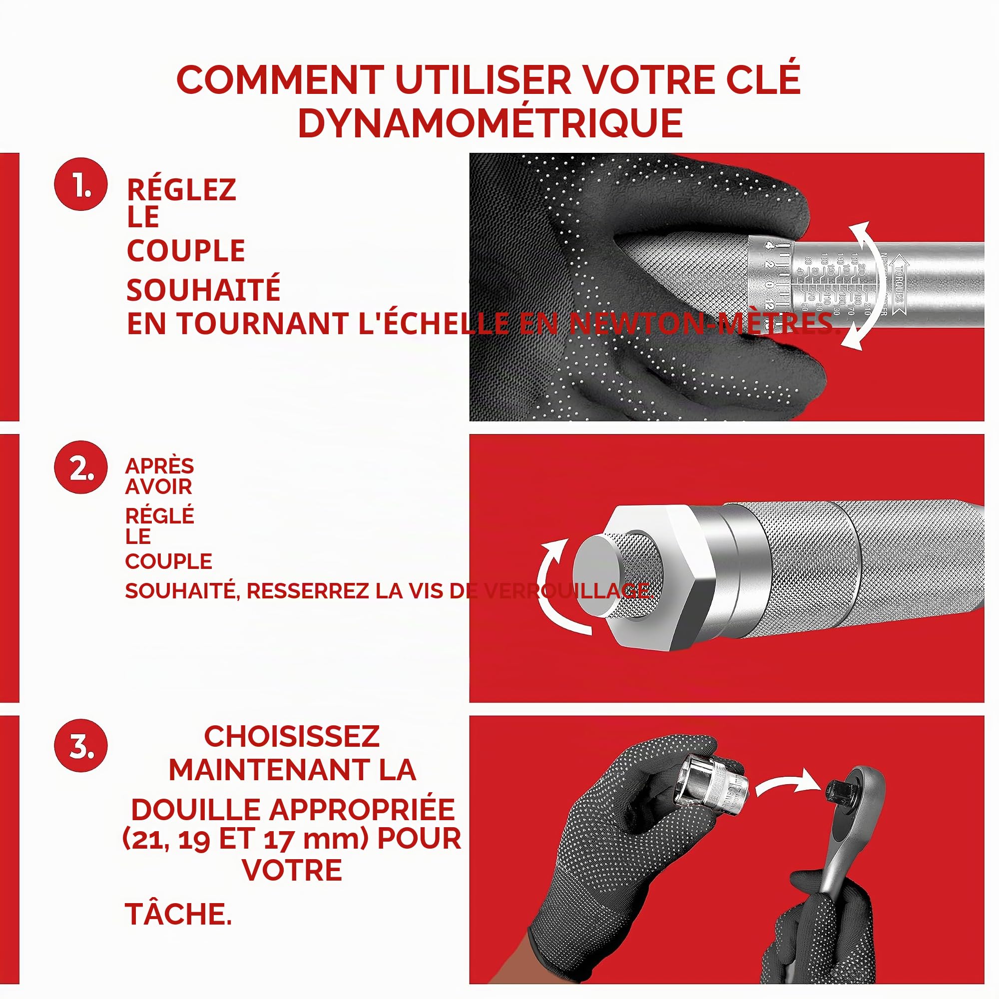 Clé Dynamométrique 1/2" 40–210 Nm avec Douilles 17, 19, 21 mm et Rallonge 125 mm – Outil de Précision pour Voiture, Camion, Moto – Idéale pour Changement de Roue et Entretien Automobile