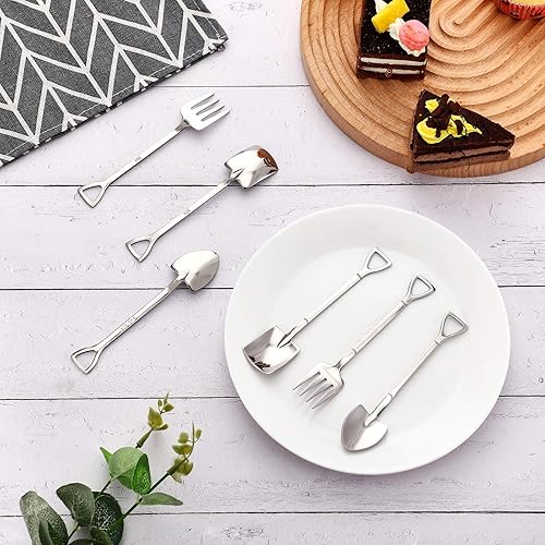 Miniatura 6 de Juego de 9 cucharas y tenedores de plata para postres incluye 3 palas en forma de pala, 3 puntas y 3 cucharas de helado de acero inoxidable para el