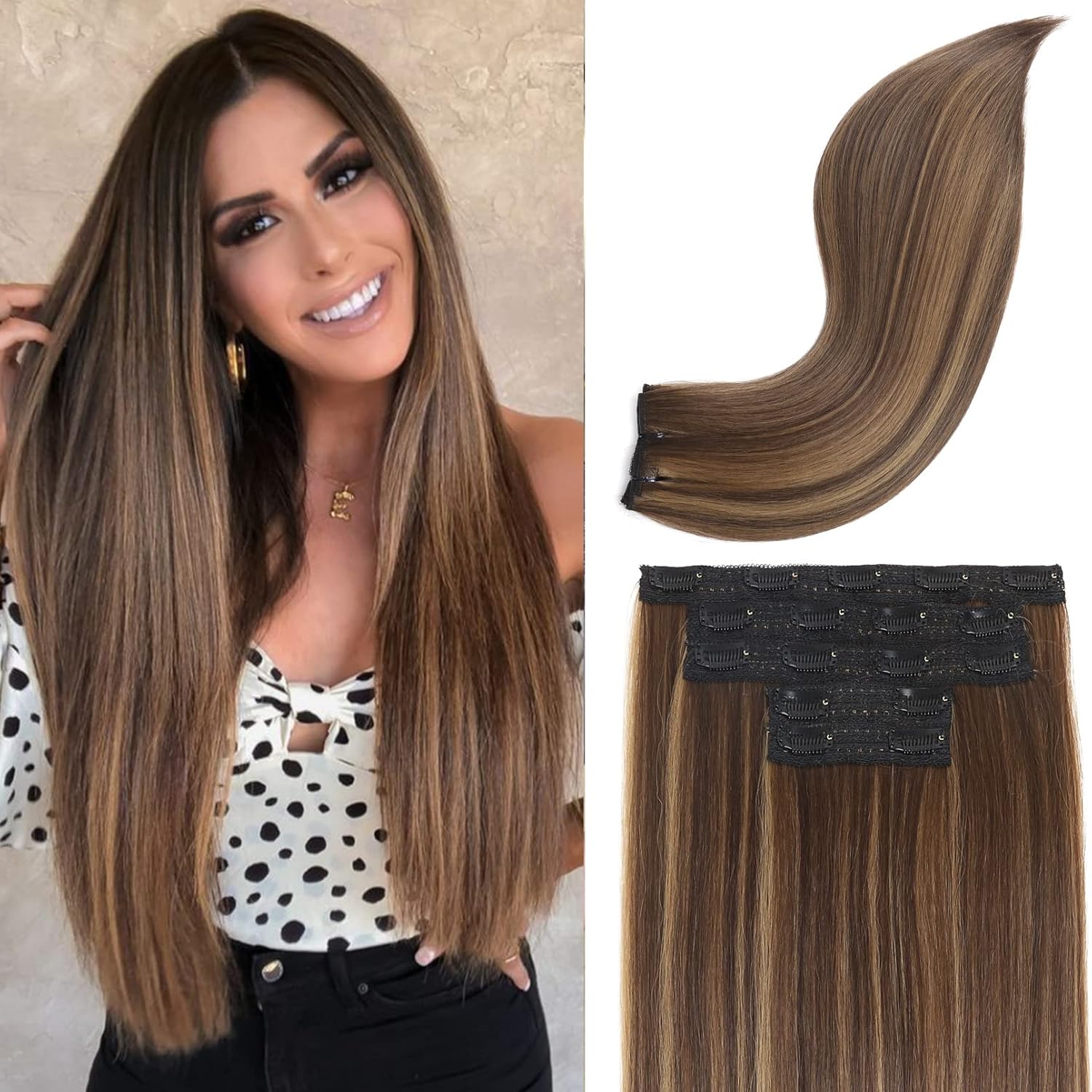 REECHO Clip in Hair Extensions, Hair Extensions Thick Long Lace Weft Lightweight Synthetic Hairpieces for Women (24 Inch-240 Gram(Pack of 5), Medium Brown with Blonde Highlights) 24 Inch-240 Gram(Pack of 5) Medium Brown with Blonde Highlights