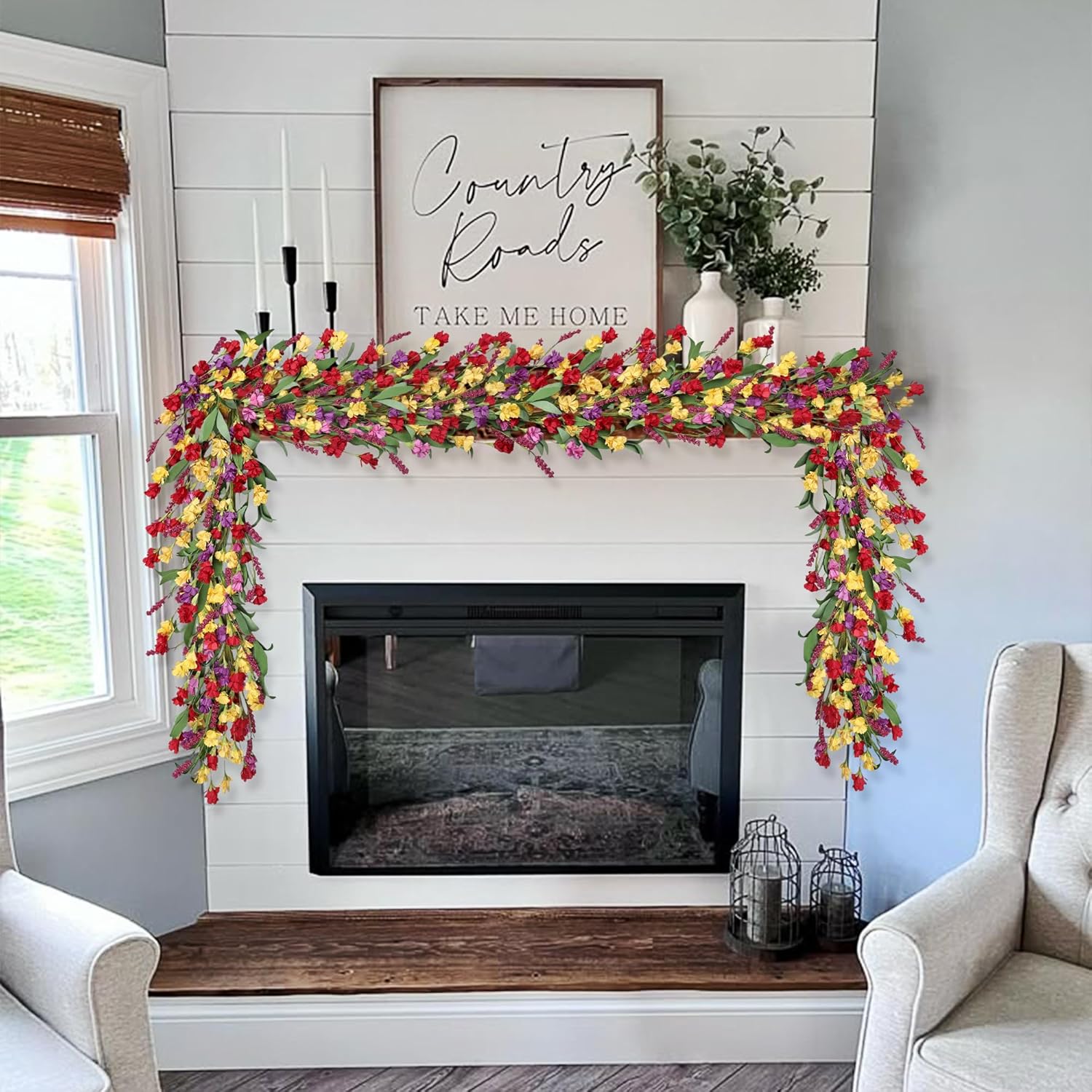 9ft Spring Flower Garland for Mantle Decor: Artificial Floral Vine with Greenery for Wedding Arch, Fireplace, Table & Wall, All Season Home Decor for Summer, Easter, Mother's Day (Yellow+Red)