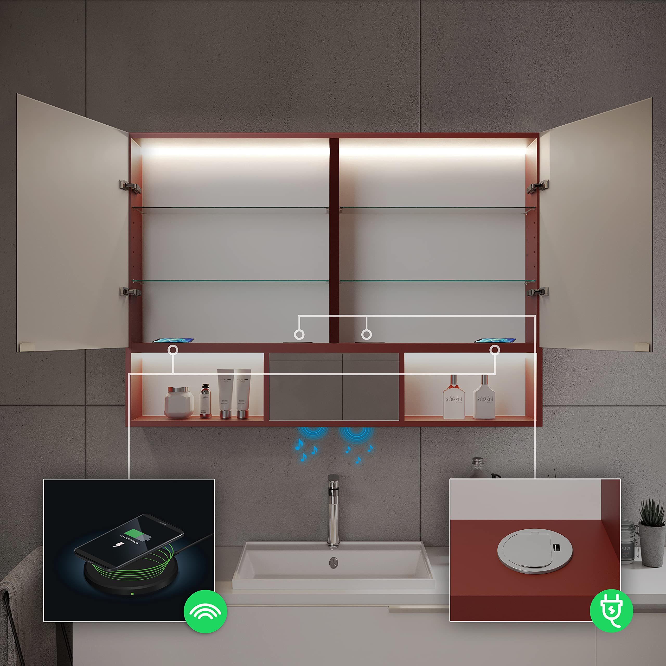 A ARTFORMA Appendiabiti Da Parete Con Specchio LED 100x140 Cm – 3 Ganci, Luci Regolabili, Orologio E Meteo Wi-Fi, Altoparlante Bluetooth