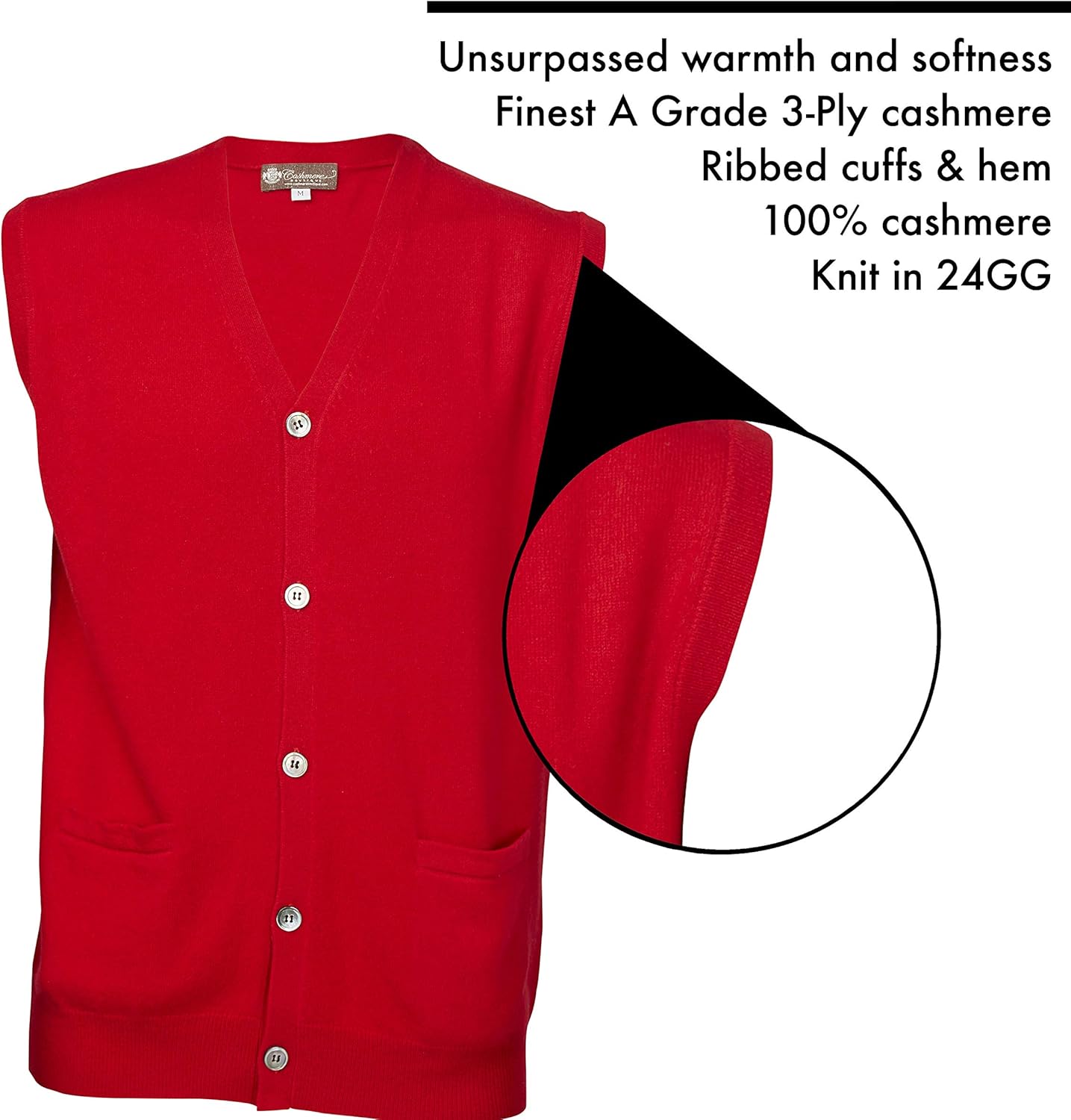 Cashmere Boutique 100% Pure Cashmere Sleeveless Vest Men's Cardigan Sweaters - 2 Front Pockets, Button Down, & V Neck Sweater
