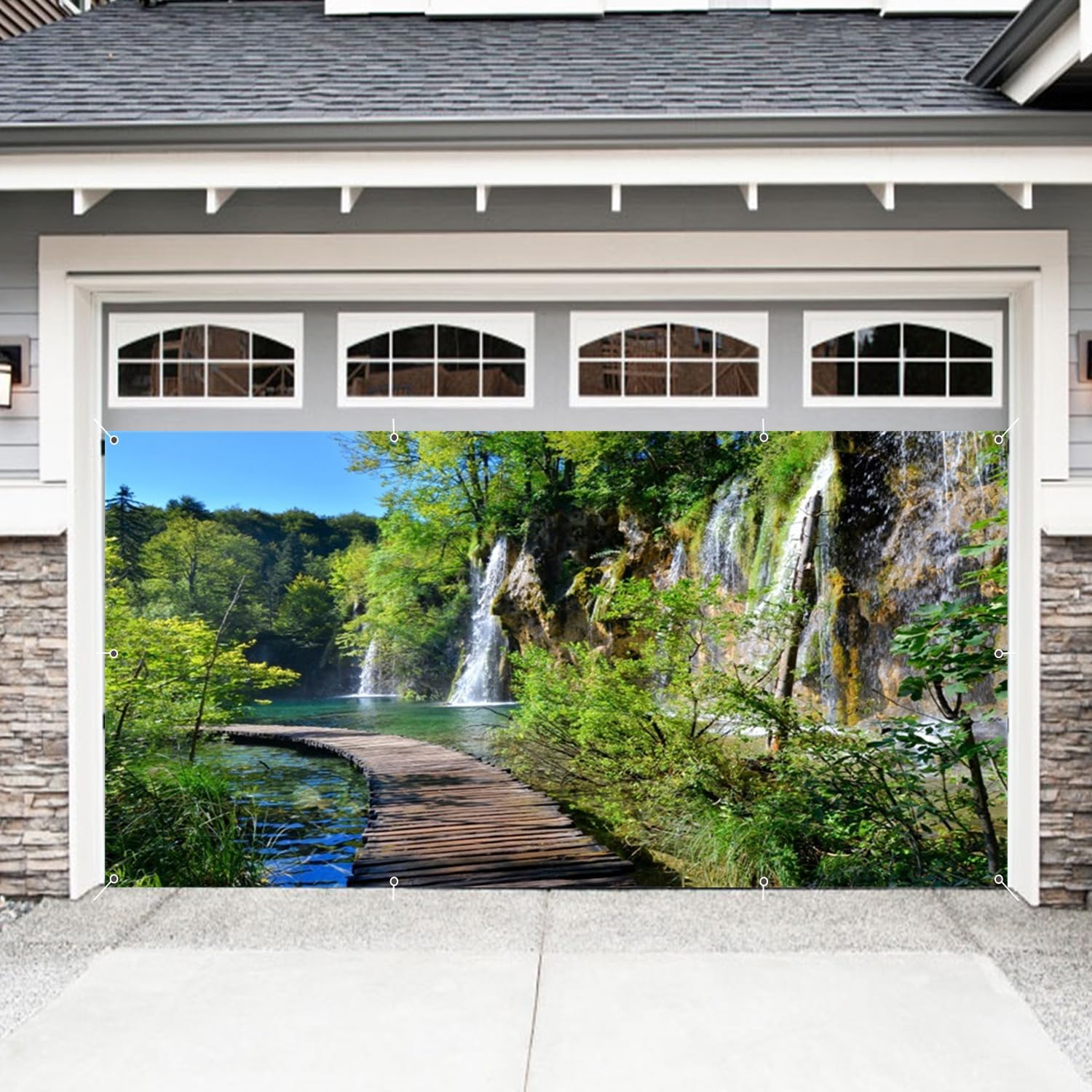 Forest Waterfall Garage Door Cover Banner Decorations Backdrop 6x13ft Large Mountain Forest Plank Road Falls Landscape Garage Door Banner Decor Camping Birthday Party Outdoor Garage Door Backdrop