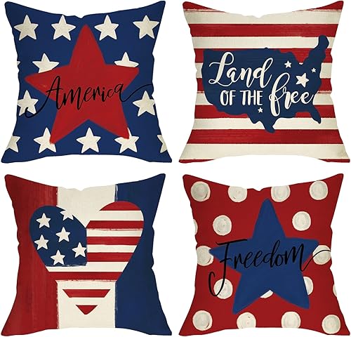Juego de 4 fundas de almohada decorativas con diseño de bandera estadounidense patriótica con estrellas y rayas del 4 de julio, 16 x 16 pulgadas,