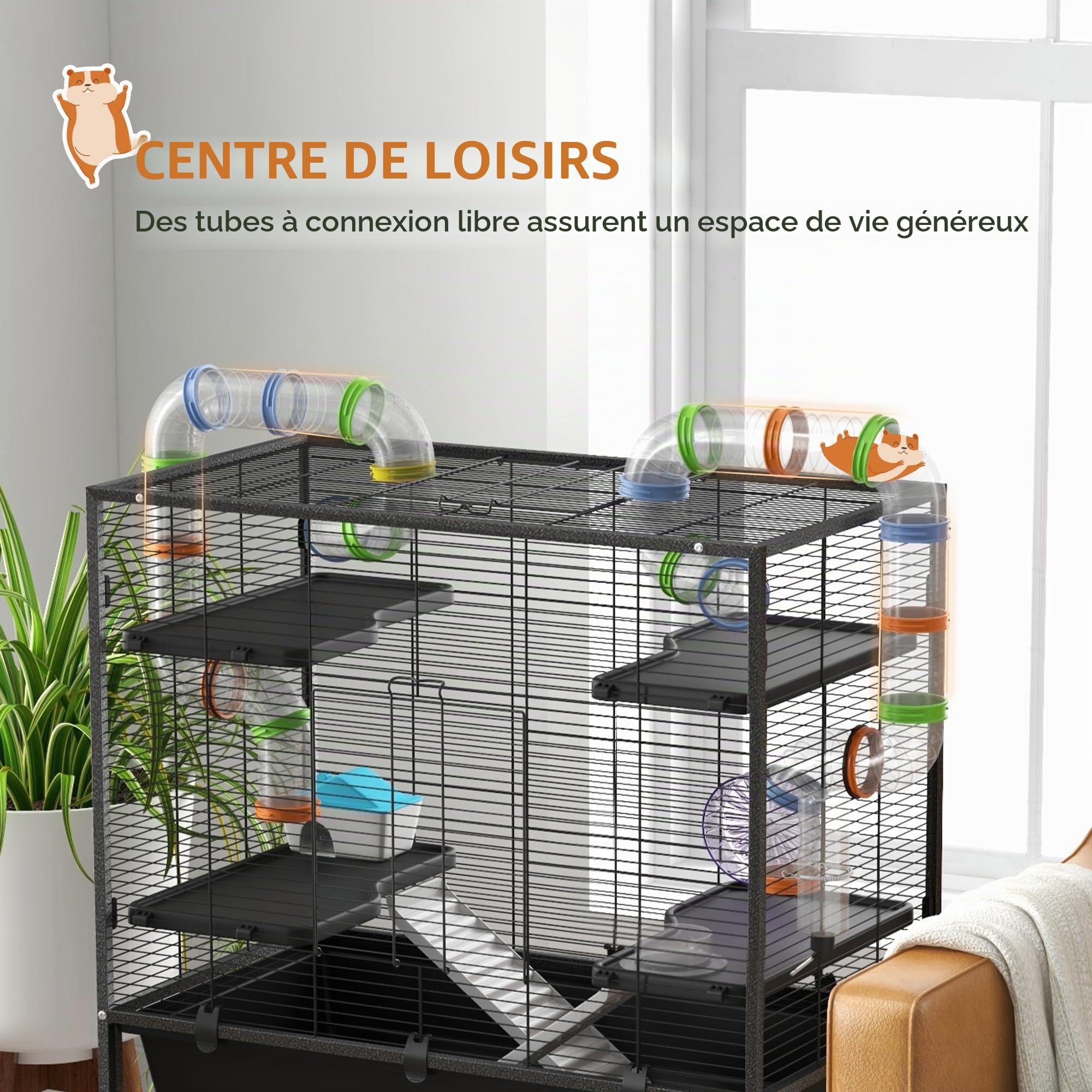 PawHut Grande Cage Hamster avec Roue pour Hamster syrien Noir | Tubes, étagère de rangement, rampes, roue de course, bol nourriture, biberon