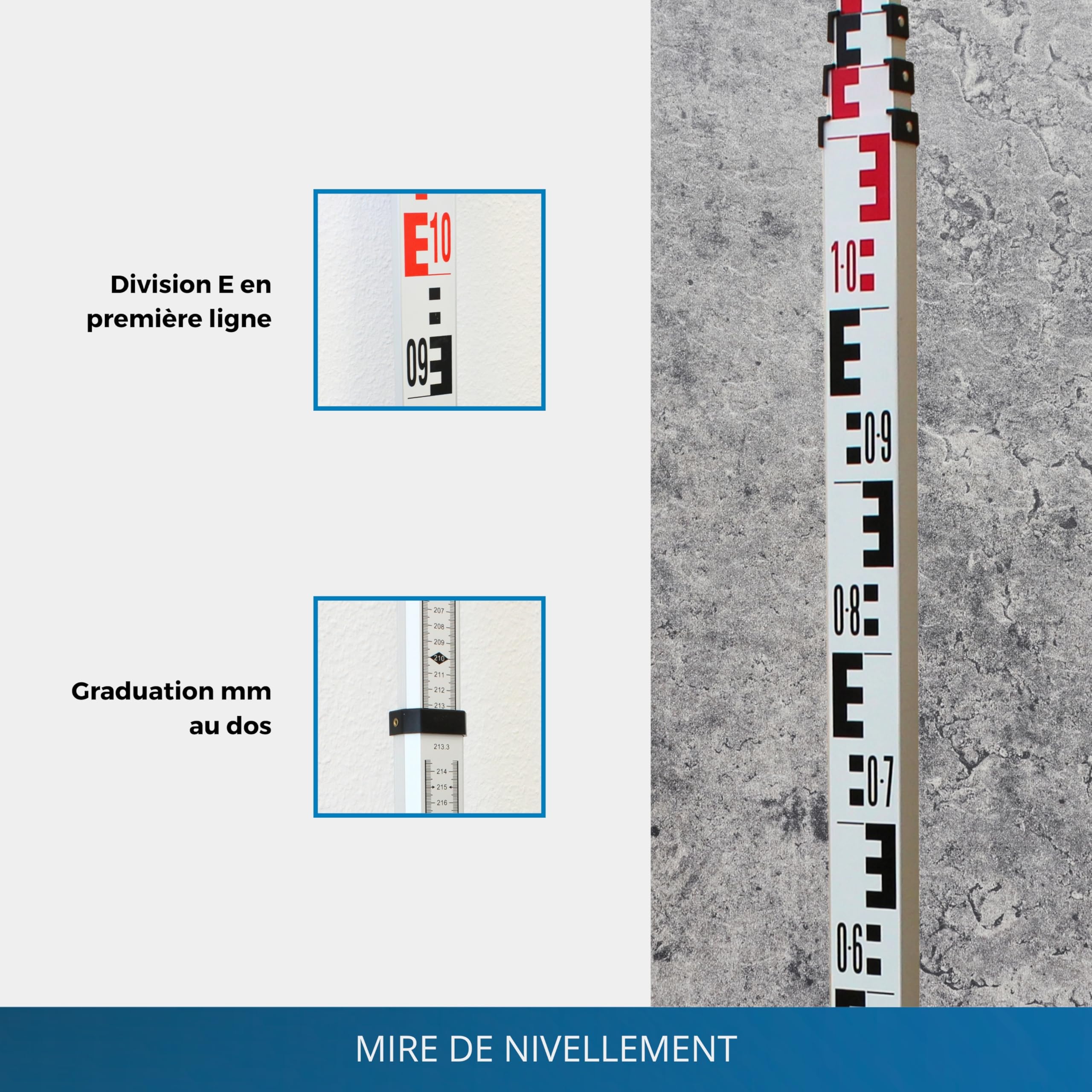 Mire de nivellement 4 m - Mire pour les travaux de nivellement sur les chantiers et pour mesurer les dimensions de la lumière, avec extension télescopique