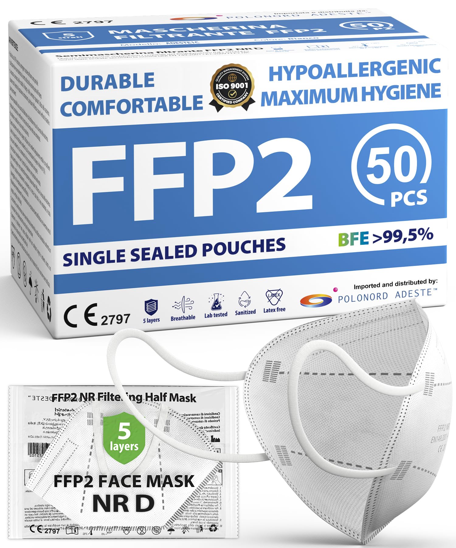 FFP2 NR D Masks Pack of 50 - UKCA certified, controlled supply chain, comfortable, hypoallergenic, and adjustable elastic bands. Safe: filtration in wear simulation 99,5%. Single sealed pouches