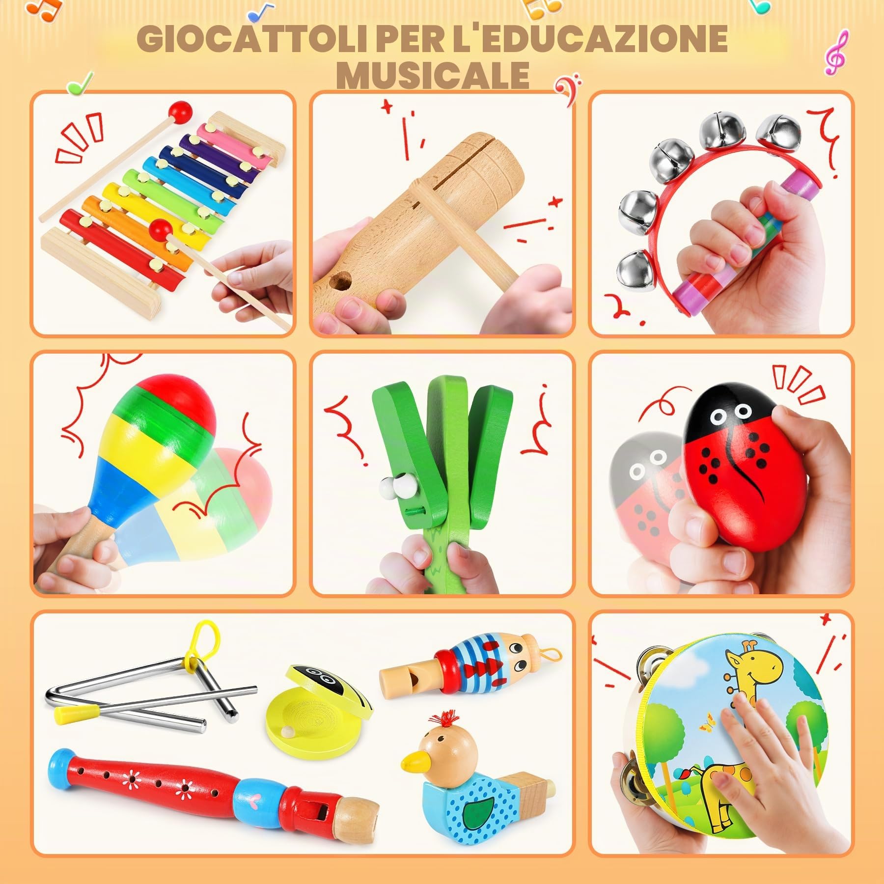 Strumenti Musicali, 24 Pezzi Percussioni con Borsa, Tamburo Perline Oceaniche, Compleanni Musicali, Creativi ed Educativi e Regali di Natale per Bambini 3+