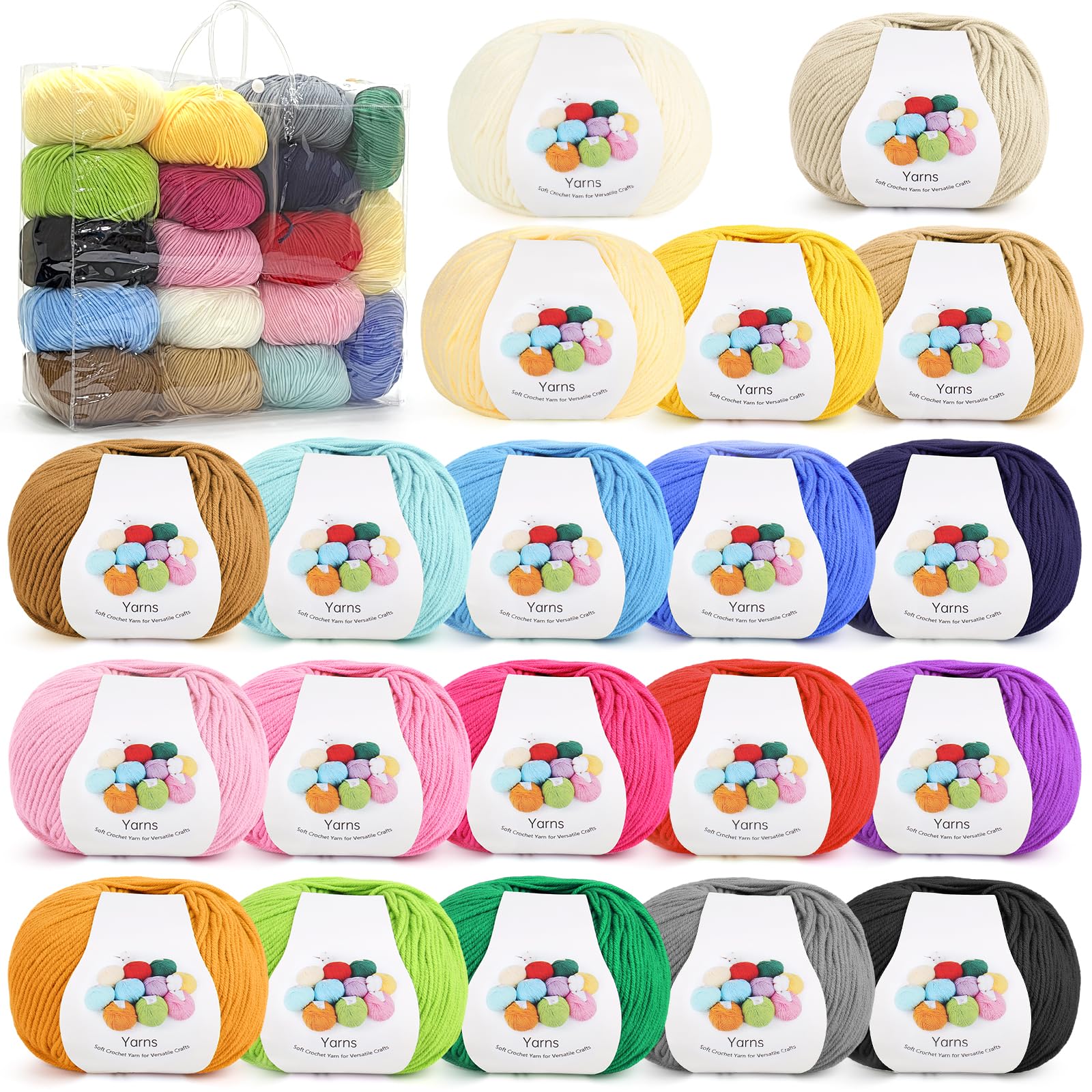 Coopay Granny Square - Set di 20 colori per uncinetto, 900 g, lana per lavorare a maglia, morbido filato all'uncinetto in acrilico e cotone per uncinetto, 4 faiding, lana all'uncinetto per vestiti del