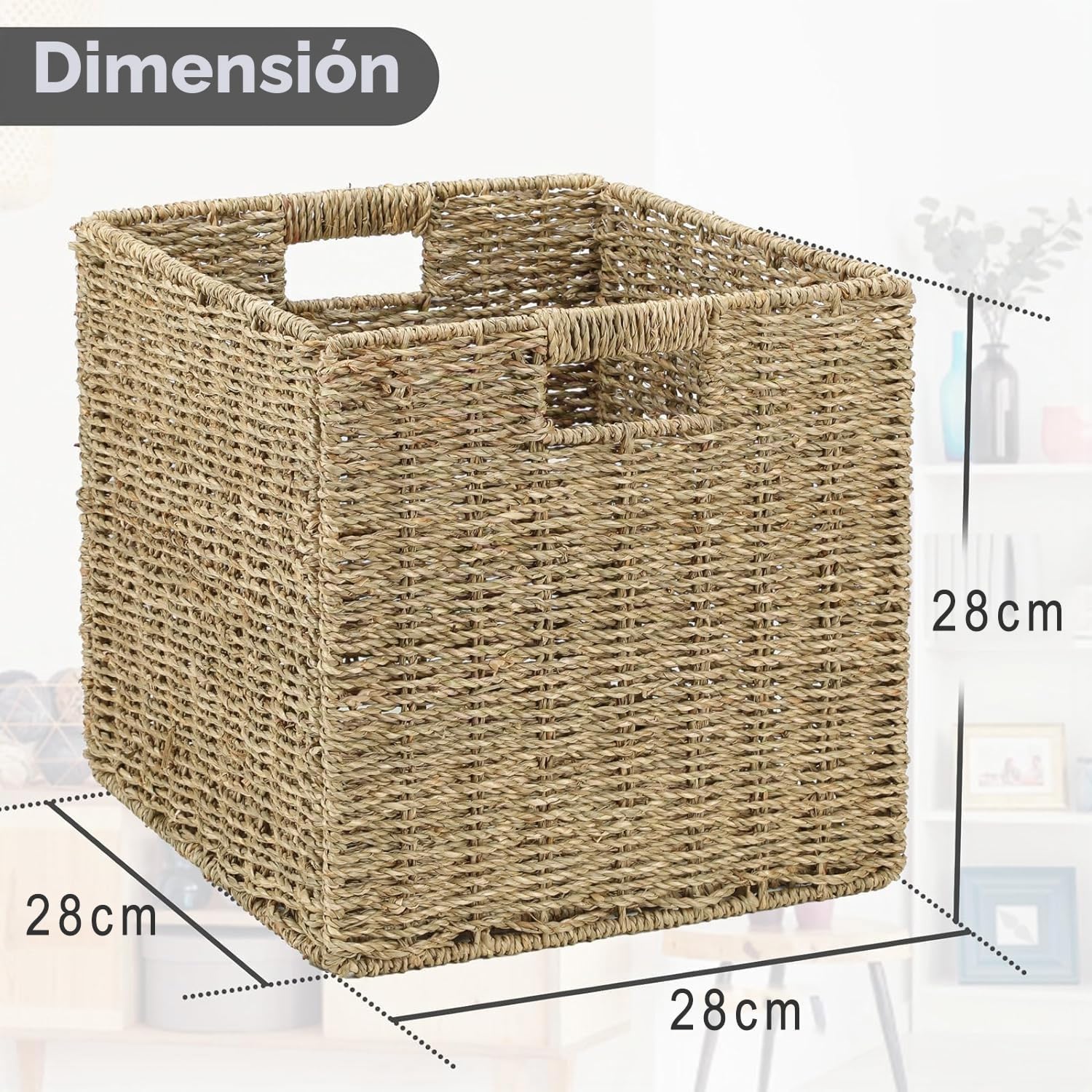 2 Cestas de Almacenaje, Cesta Mimbre Tejidas a Mano Cubo 28CM, Cesta Grande Plegable de Papel de Jacinto de Agua con Asas, Cesto Decorativo para Baño Estanterías Kallax Cocina