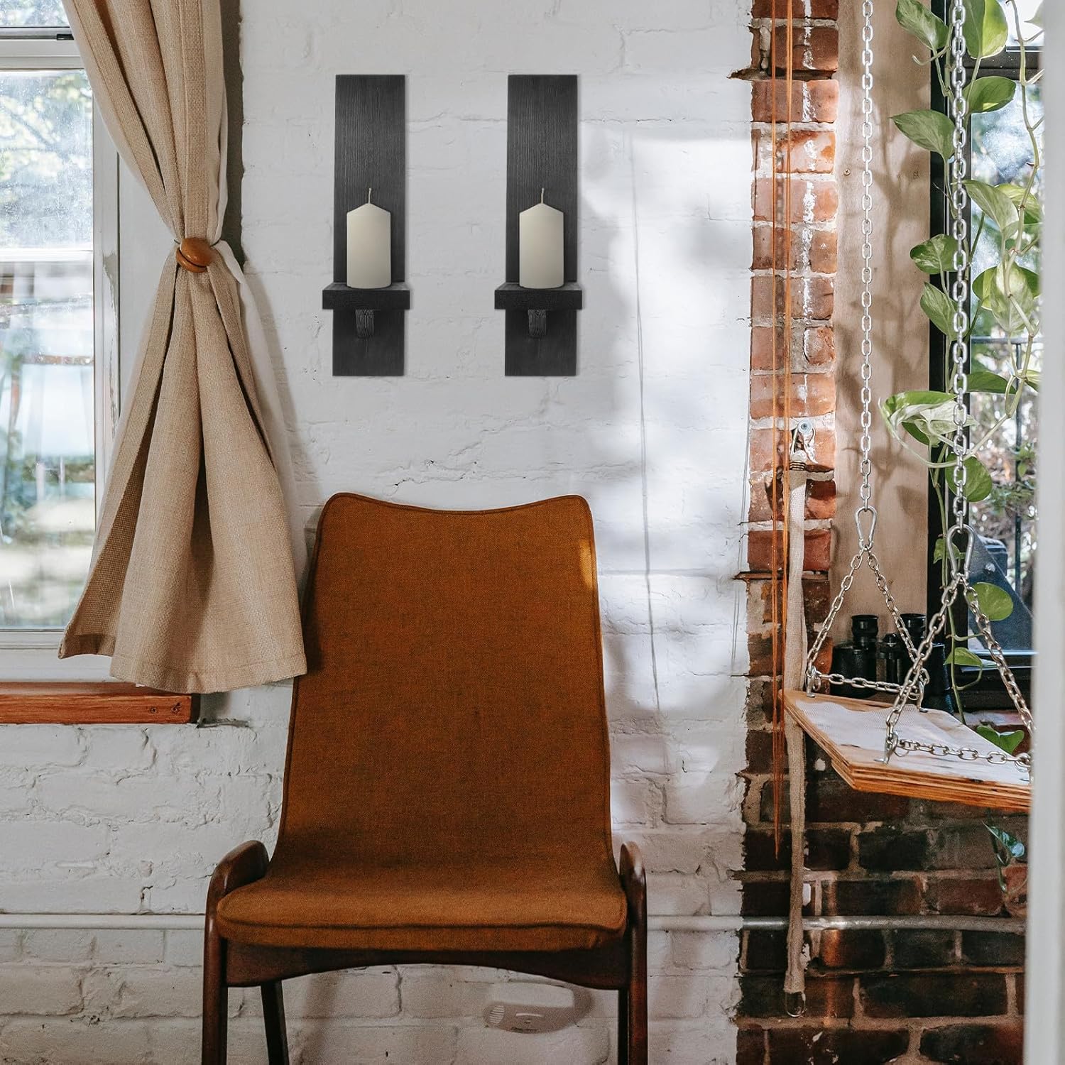 Yardwe Wooden Wall Mounted Candle Holders Pair Black Rustic Votive Tealight Holders for Home Décor Vintage Style Wall Hanging Candle Sconces for Bedroom and Living Room