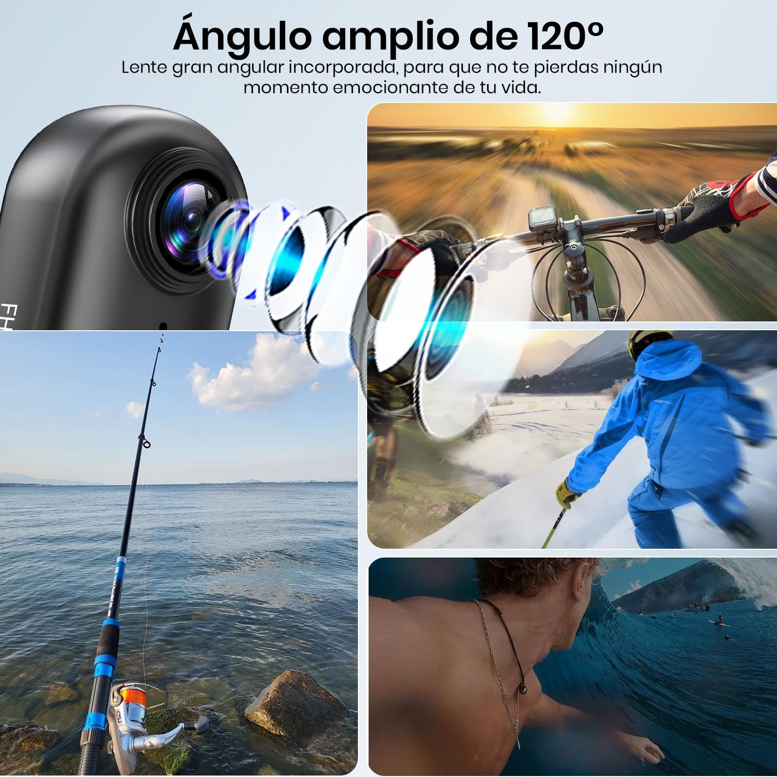 Cámara de Acción 360°, Mini Cámara Corporal POV, Subacuática 30m, WiFi, Gran Angular 120°, +10 Accesorios para Ciclismo, Viajes, Mascotas, Caminatas, Deportes + Tarjeta 64GB