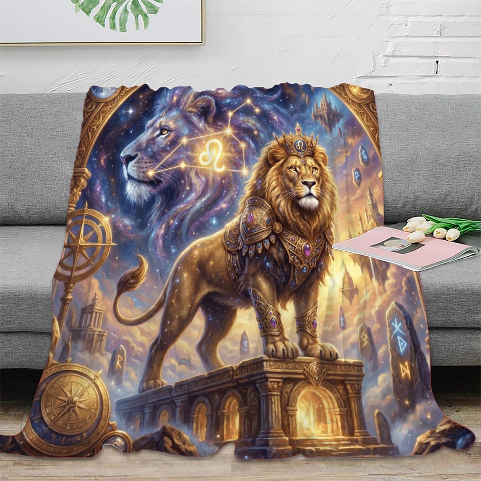 Leo Zodiac Fantasy Lion for Flannel Throw Blanket, Bedroom Nap Use