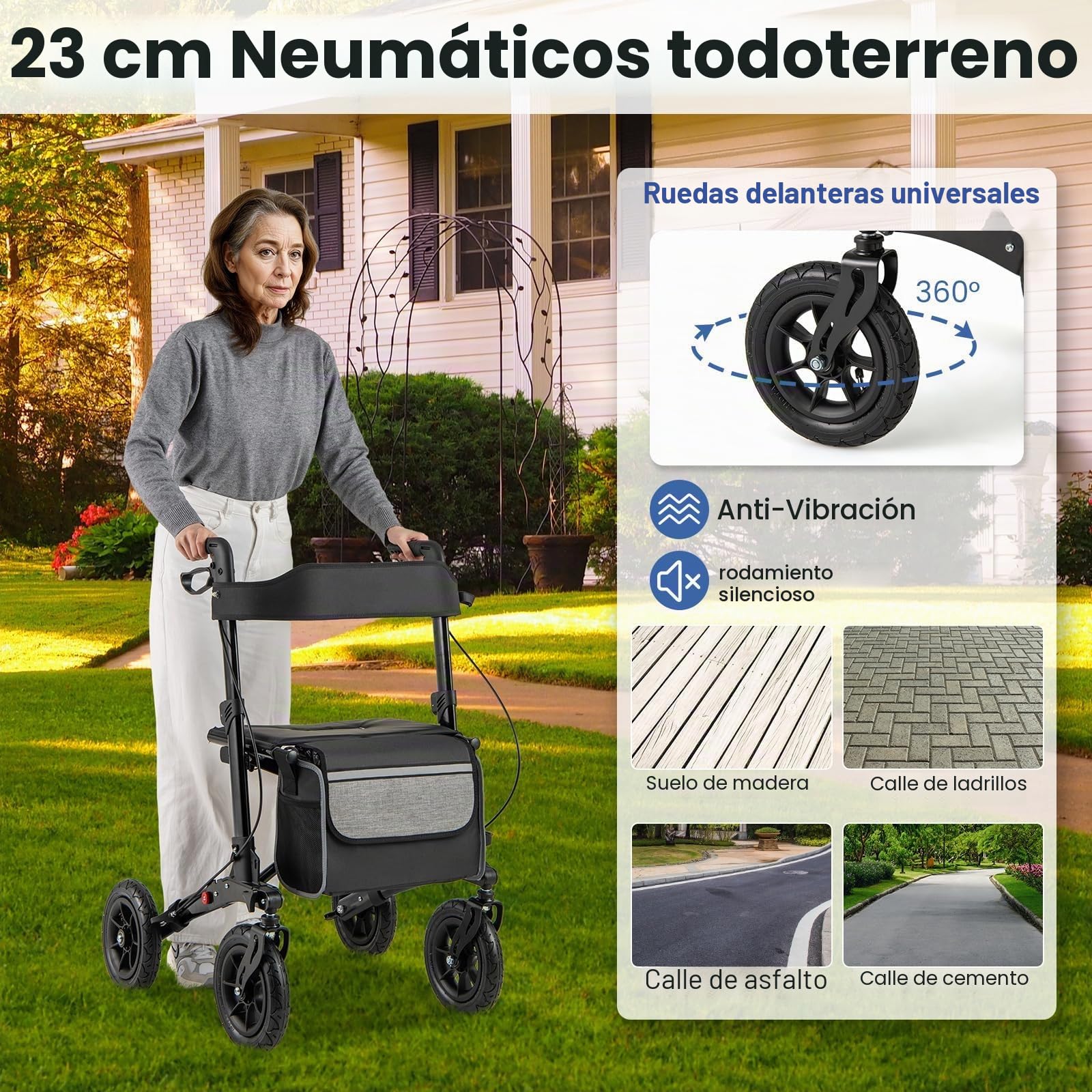 FANTASK Andador de viaje 2 en 1 para silla de ruedas y de viaje, color negro con sistema de ajuste de altura, andador de aluminio con diseño plegable, silla de ruedas con bolsa y soporte para bastones