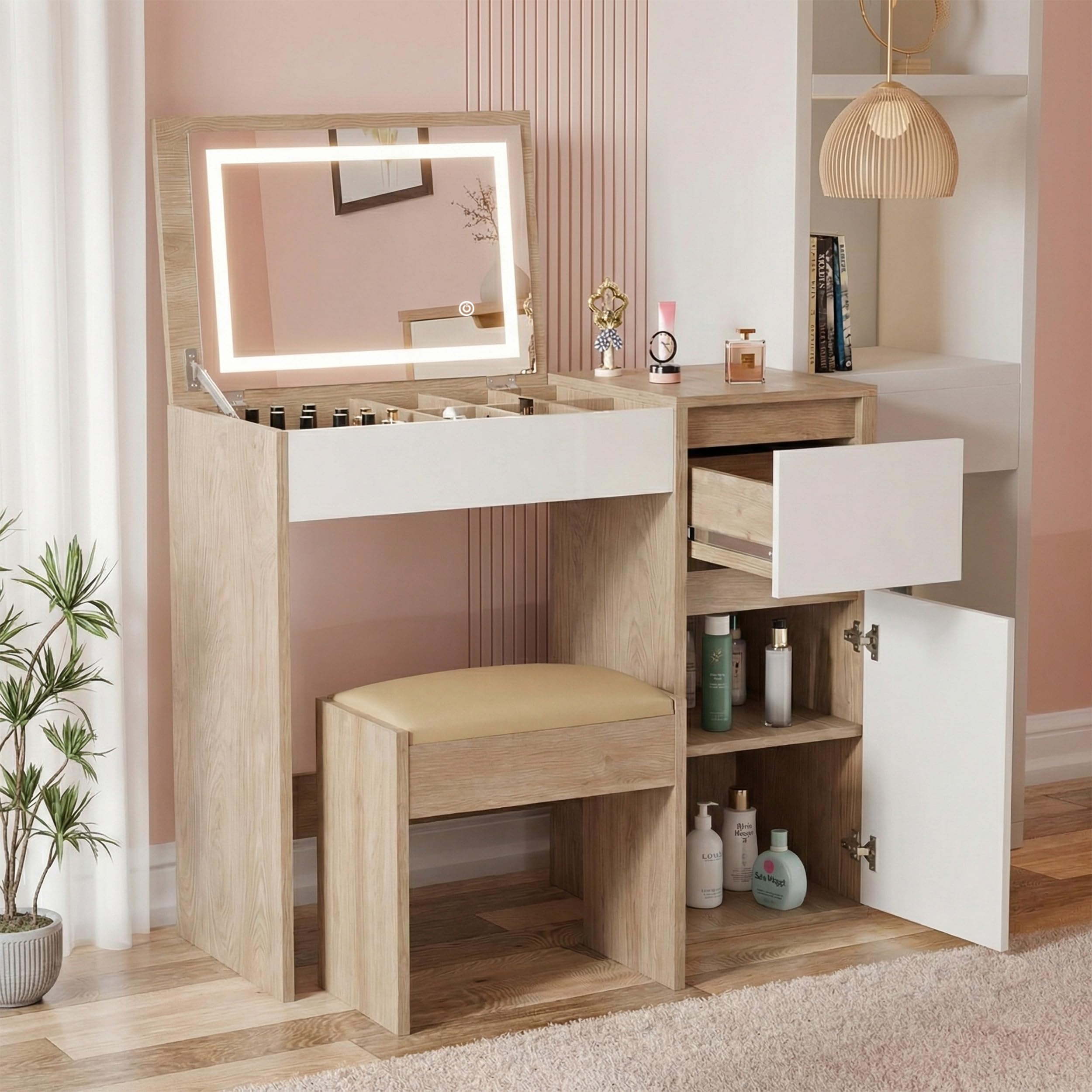Blisswood Dressing Table with Flip-Up Mirror and LED lights, Vanity Makeup Desk with Hidden Storage, Convertible Writing or Office Table, Make up Bedroom Dresser for Girls Room, White/Oak