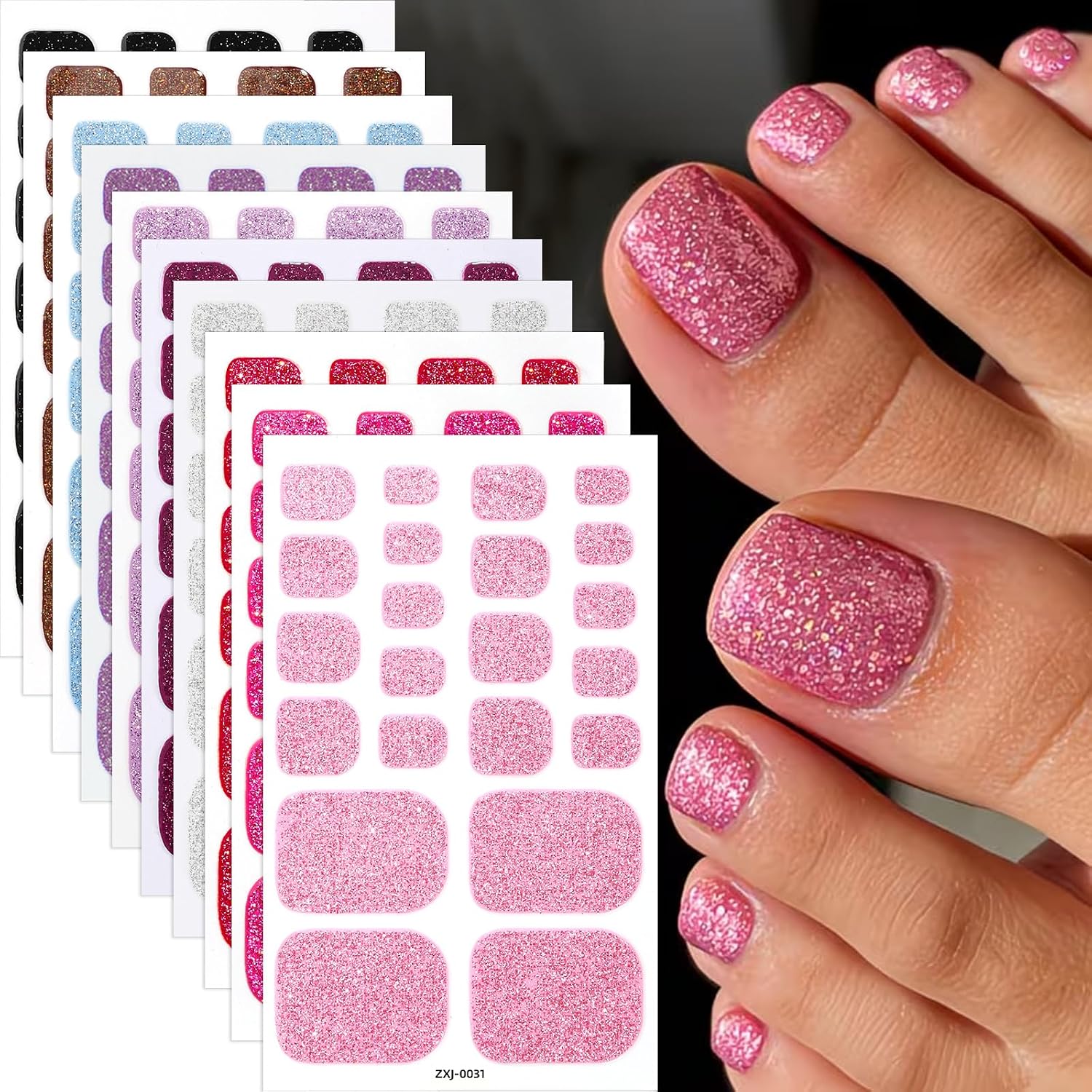 Toe Nail Polish Strips, 10 Sheets Glitter Full Cover Toenail Stickers, Self Adhesive Toe Nail Wraps, Long Lasting Easy Apply Nail Polish Stickers for DIY Pedicure, No UV Lamp Needed