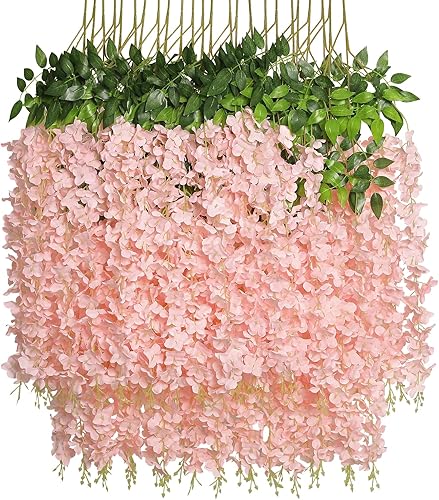Pauwer Paquete de 12 guirnaldas de flores artificiales de glicinia de seda para colgar, flores de ratán de vid para decoración del hogar, jardín,