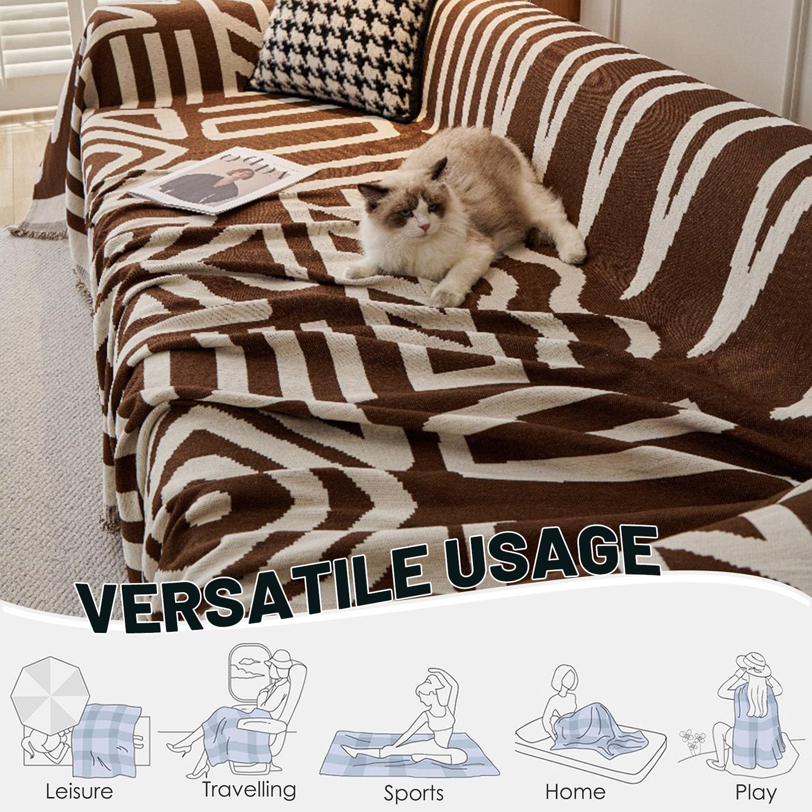 Morbuy Jeté de Canapé Grande Taille Antidérapant pour Canapés 1, 2, 3 ou 4 Places Housse de Canapé Réversible Lavable Serviette de Canapé avec Glands (180 * 260cm,Bohème-Bleu)