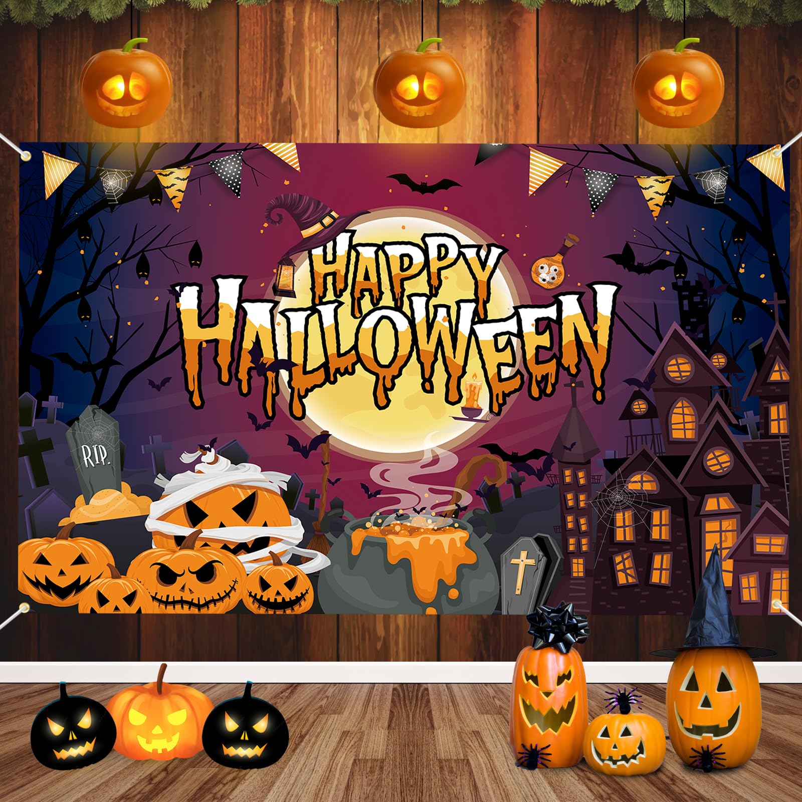 Lausatek Happy Halloween Banner, Halloween Party Backdrop Castle Pumpkin Witch Theme Background Sign for Haunted House Photo Props Party Supply Outdoor Indoor (70.8" x 43.3")