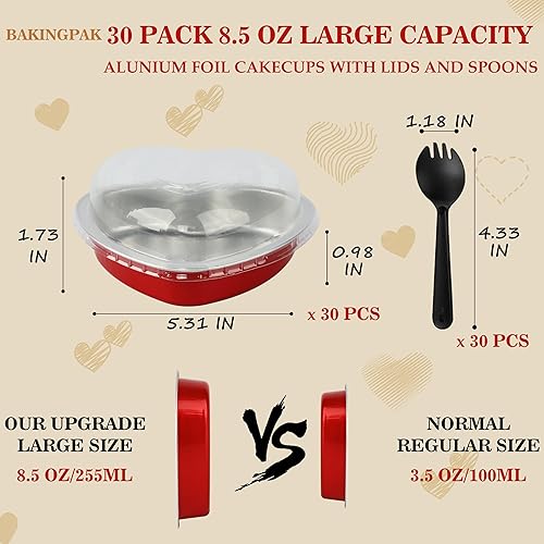 Miniatura 2 de Sartenes de aluminio con tapa de corazón, 30 forros para cupcakes de 8.5 onzas con tapas, tazas desechables de papel de aluminio para pasteles con
