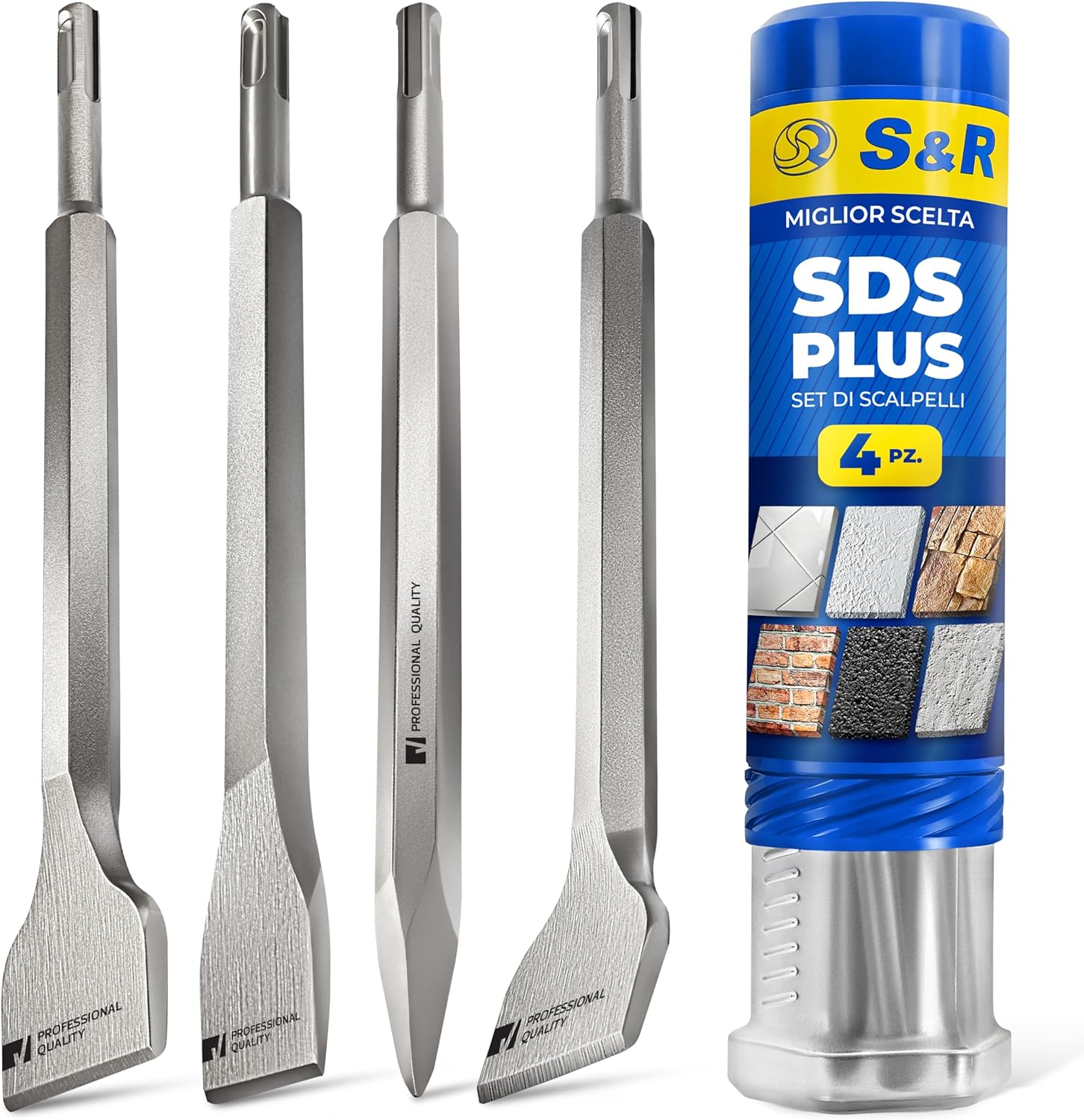 Set 4 Scalpelli SDS-Plus Professionali - Per Trapani Bosch, Makita, Dewalt - Punta, Piatto E 2 Per Piastrelle - Foto 10