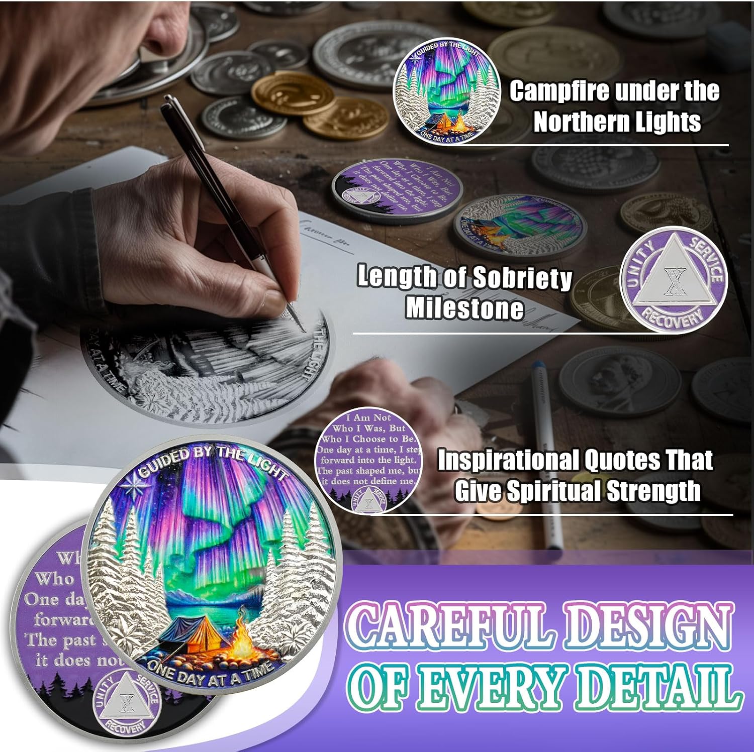 Guided by Northern Lights 10 Year Sobriety Coin - One Day at a Time AA Coin, Alcohol Free Ten Year Recovery Chip with Token Capsule, Sobriety Gifts for Men Women